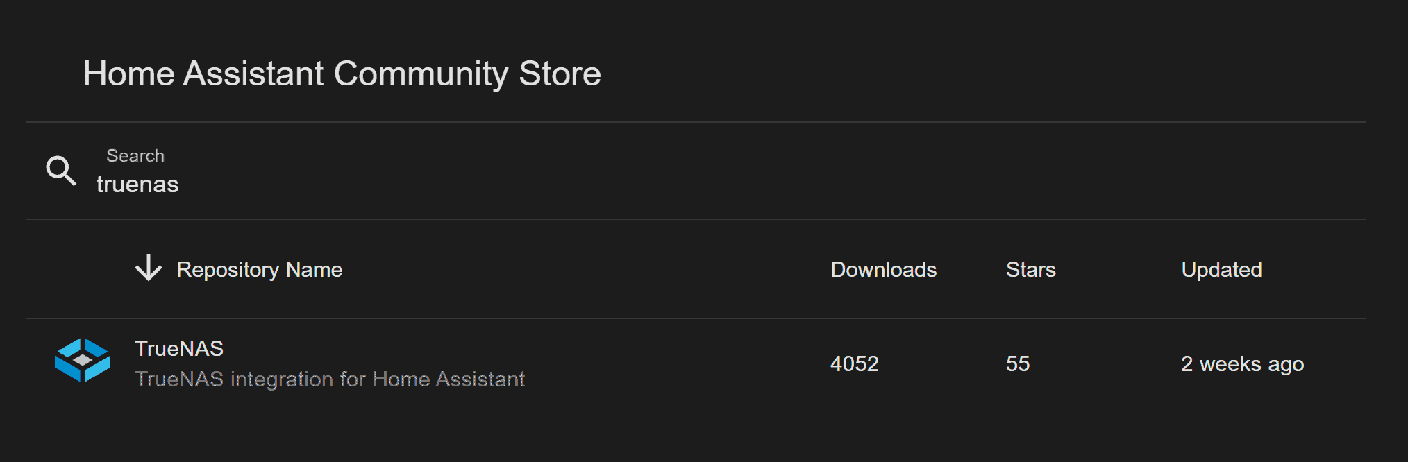 A screenshot of "TrueNAS" being searched for in the Home Assistant Community Store (HACS).
