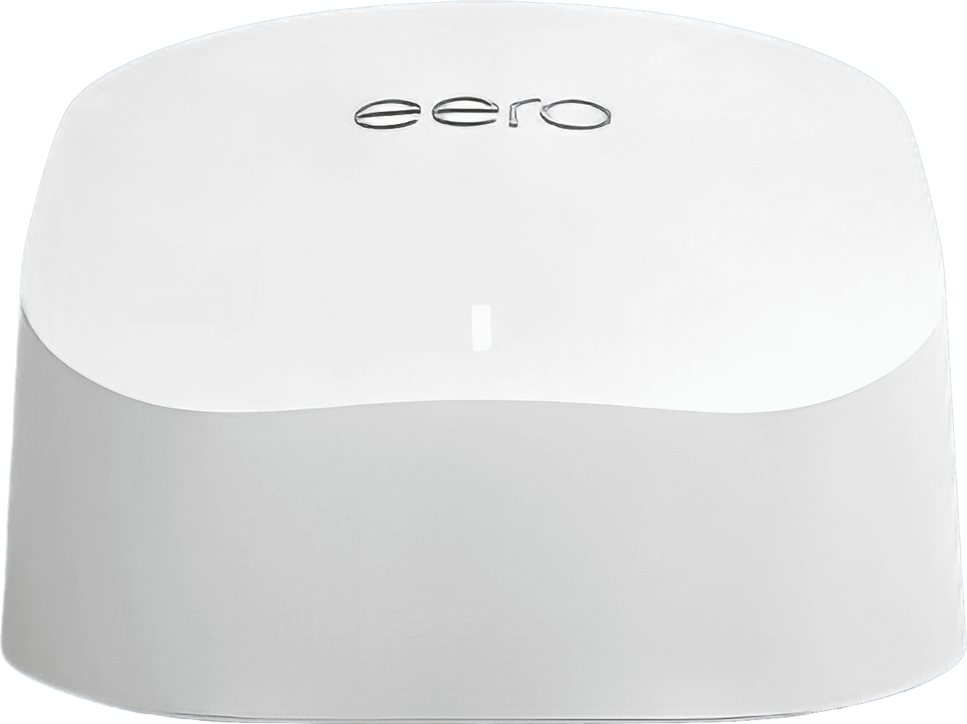 A sleek, white Amazon eero 6 device providing whole-home Wi-Fi 6 coverage, eliminating dead spots with TrueMesh technology, and featuring a built-in Zigbee smart home hub for seamless Alexa integration.