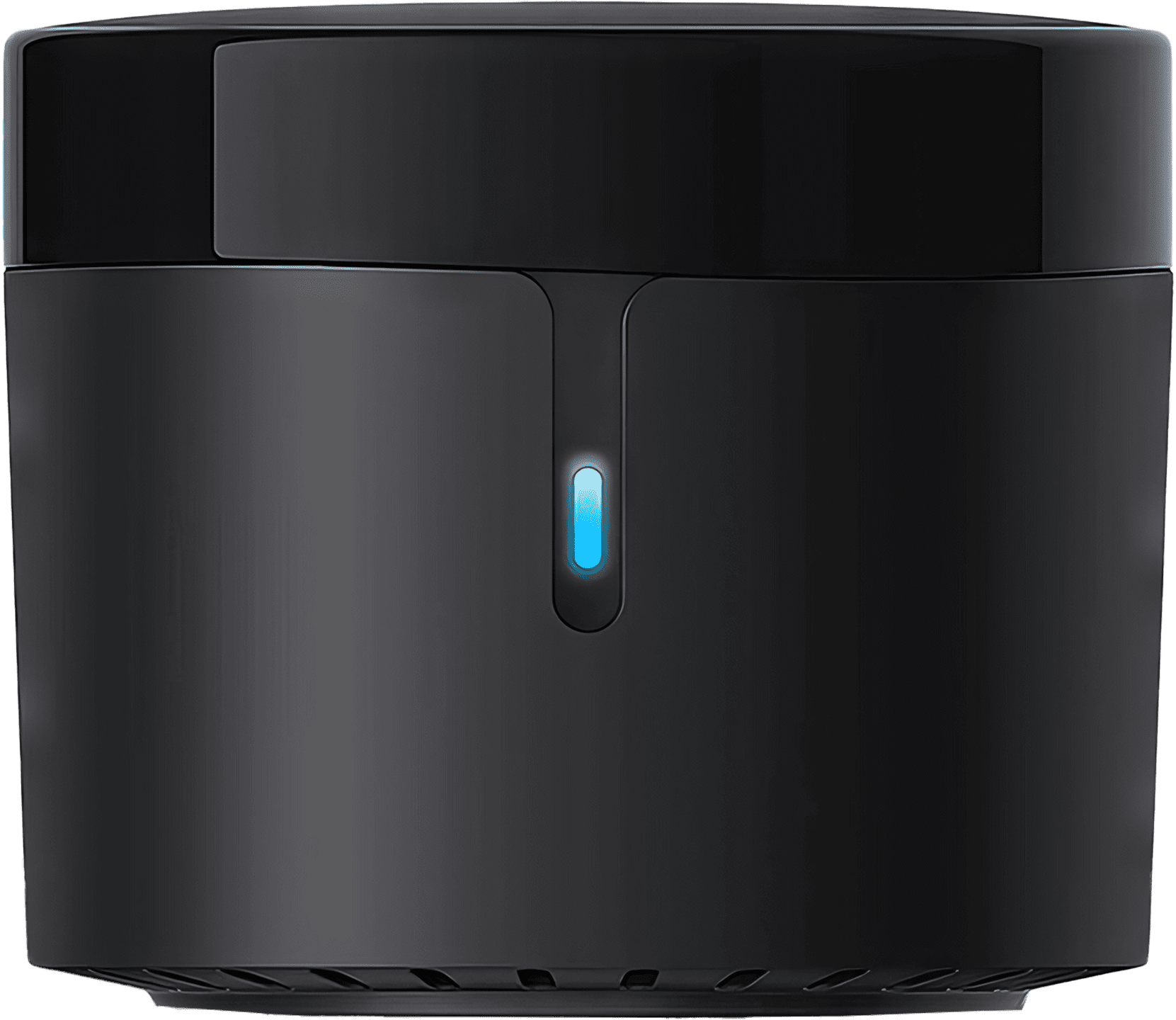 A sleek black BroadLink RM Mini 3 device designed to control a wide range of IR appliances, ensuring compatibility with modern and future devices through constant cloud updates.