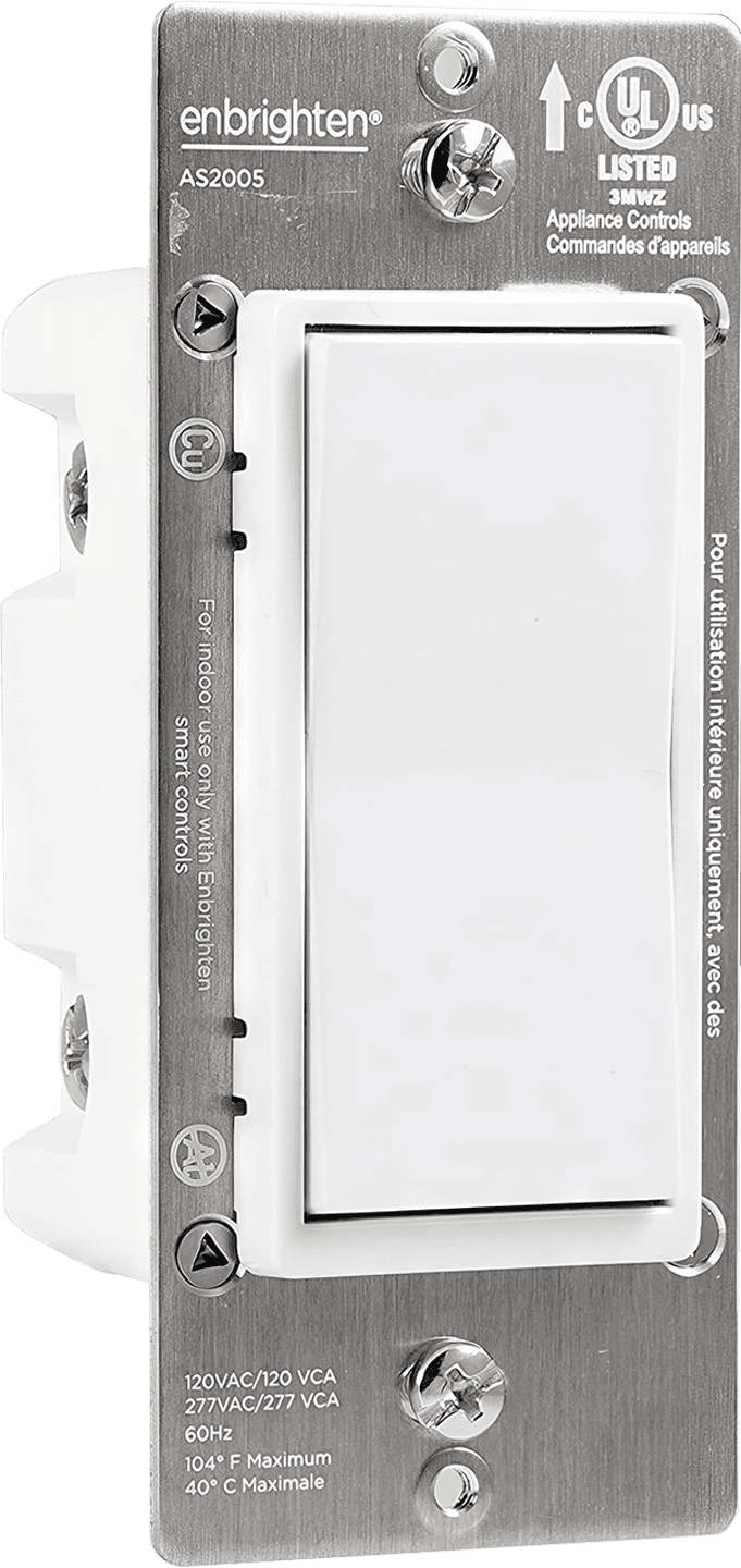 A sleek Enbrighten Add-On Switch showcasing its compact design, equipped with innovative QuickFit and SimpleWire technologies for easy installation and reliable home automation.