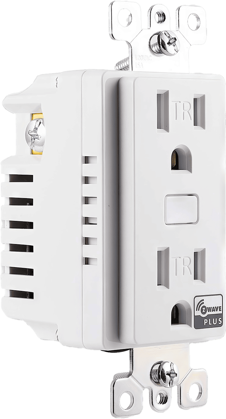 A sleek, modern Enbrighten Z-Wave Plus Smart Receptacle, designed to provide wireless control and increased safety for your home with compatibility to various Z-Wave certified hubs.