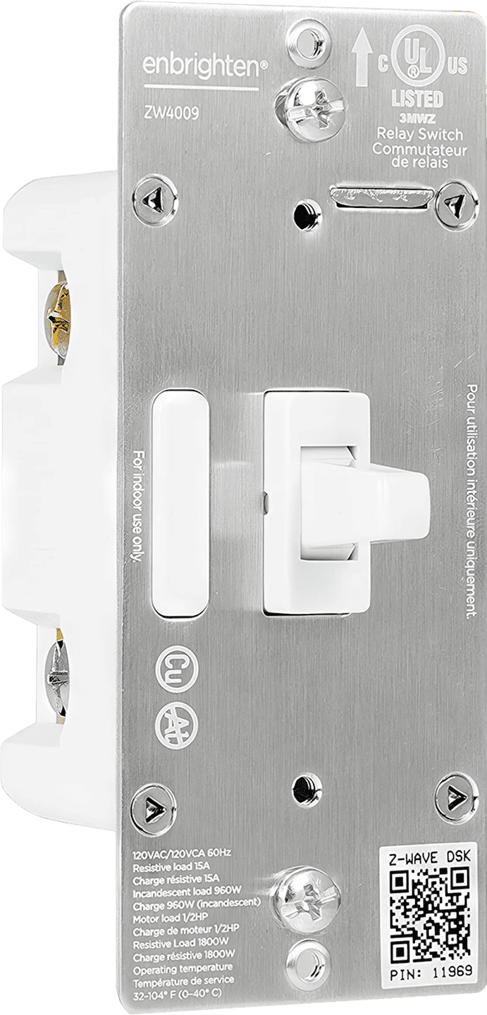 The Enbrighten Z-Wave Smart Toggle Light Switch with QuickFit and SimpleWire technology, designed for easy installation and seamless home automation integration.