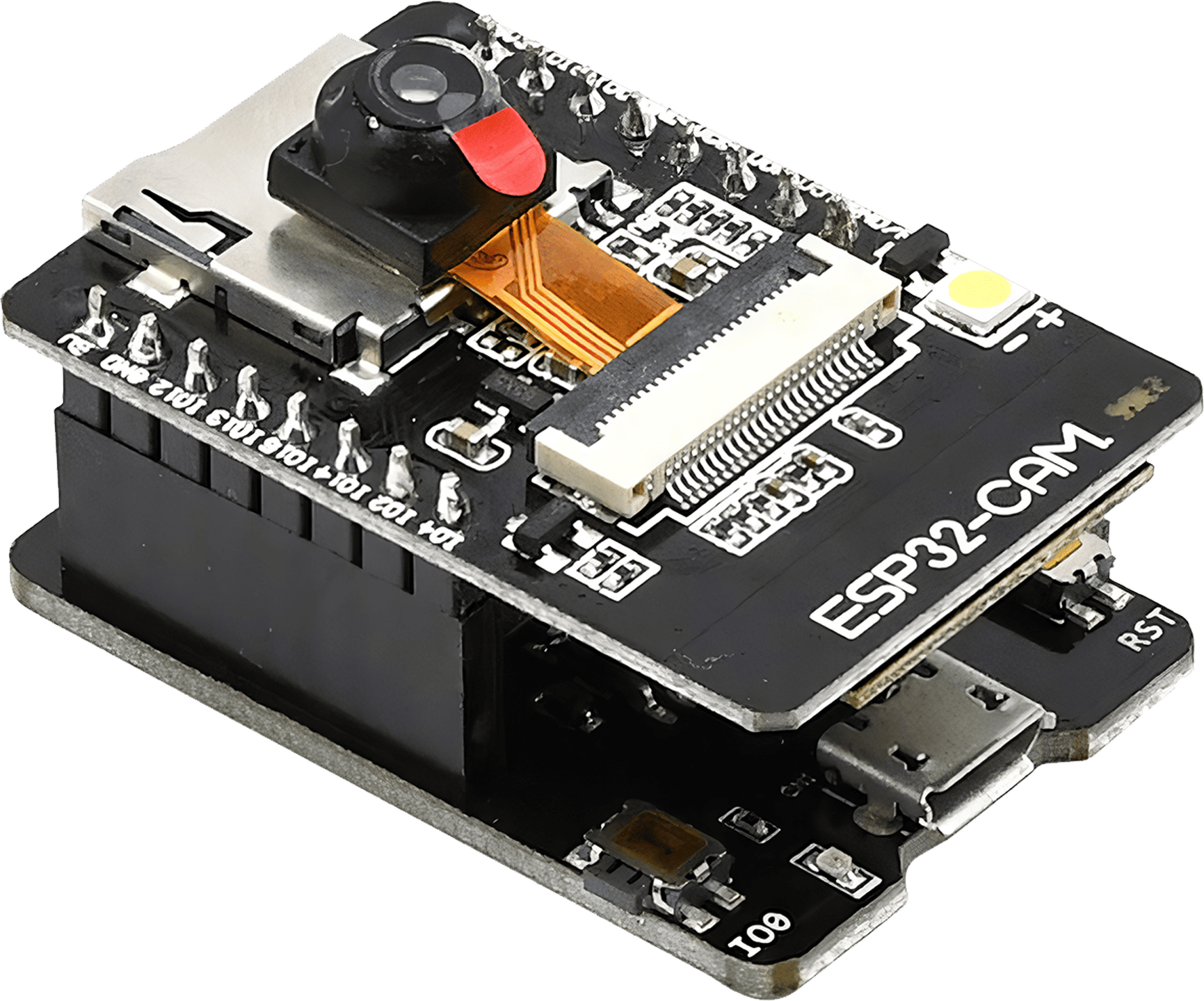 Alt text: A compact ESP32-CAM module featuring an OV2640 camera and an onboard TF card slot, ideal for various IoT applications.