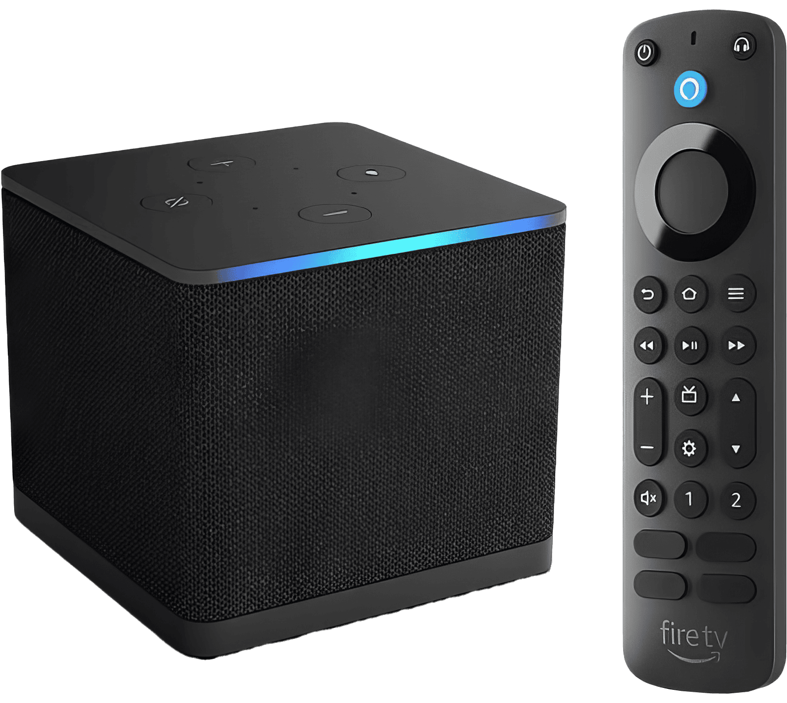 The Amazon Fire TV Cube with Alexa Voice Remote Pro is a sleek, black, cube-shaped streaming media player offering hands-free voice control, 4K resolution, and backlit navigation buttons for ease of use in dim lighting.