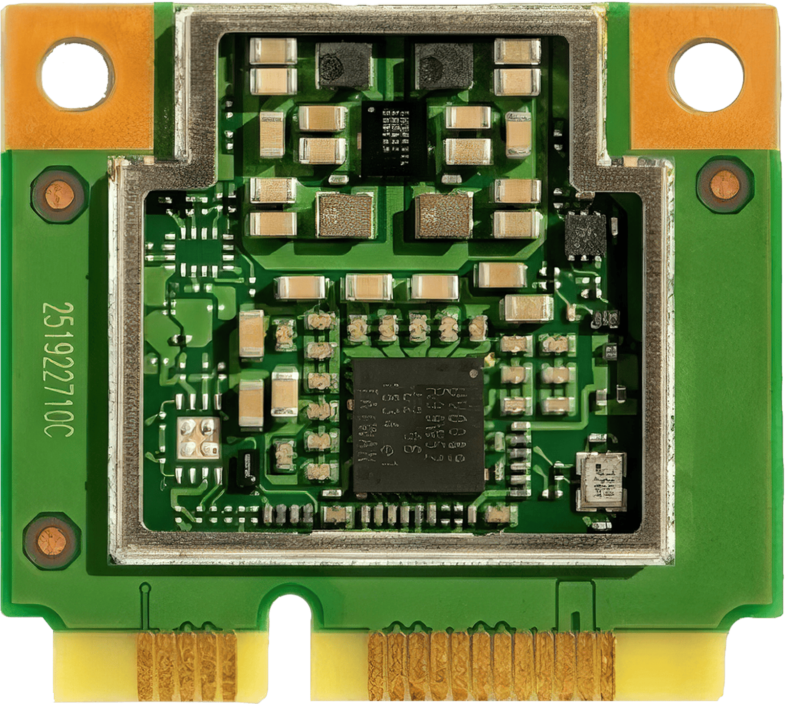 A Google Coral Mini PCIe Accelerator, a compact and efficient module for enhancing computing systems with Edge TPU coprocessor capabilities.