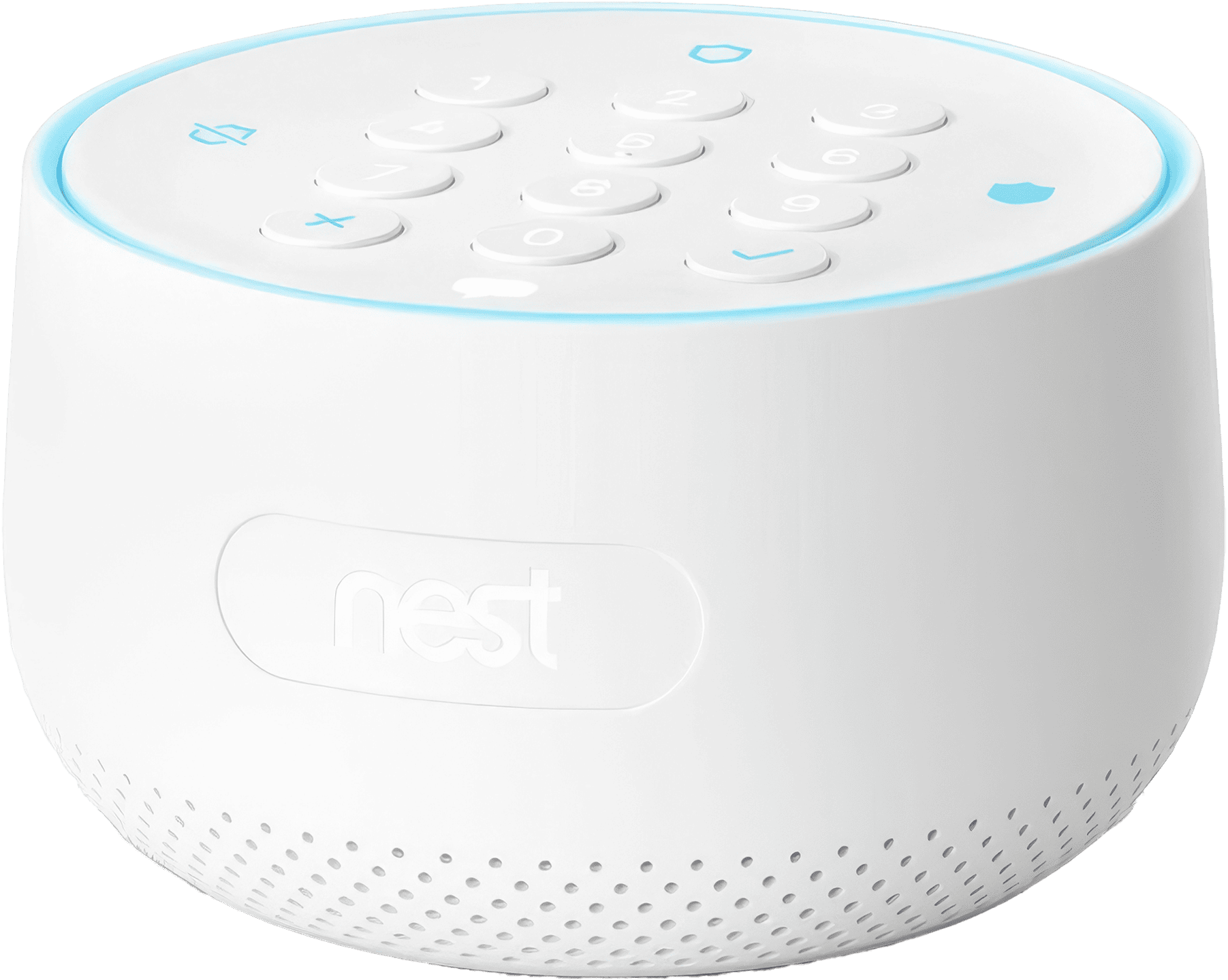 An image of the Google Nest Guard, a sleek home security device with a number pad, a light ring that changes colour according to its status, and an Info button for important messages. It also features a built-in motion sensor and a panic button.