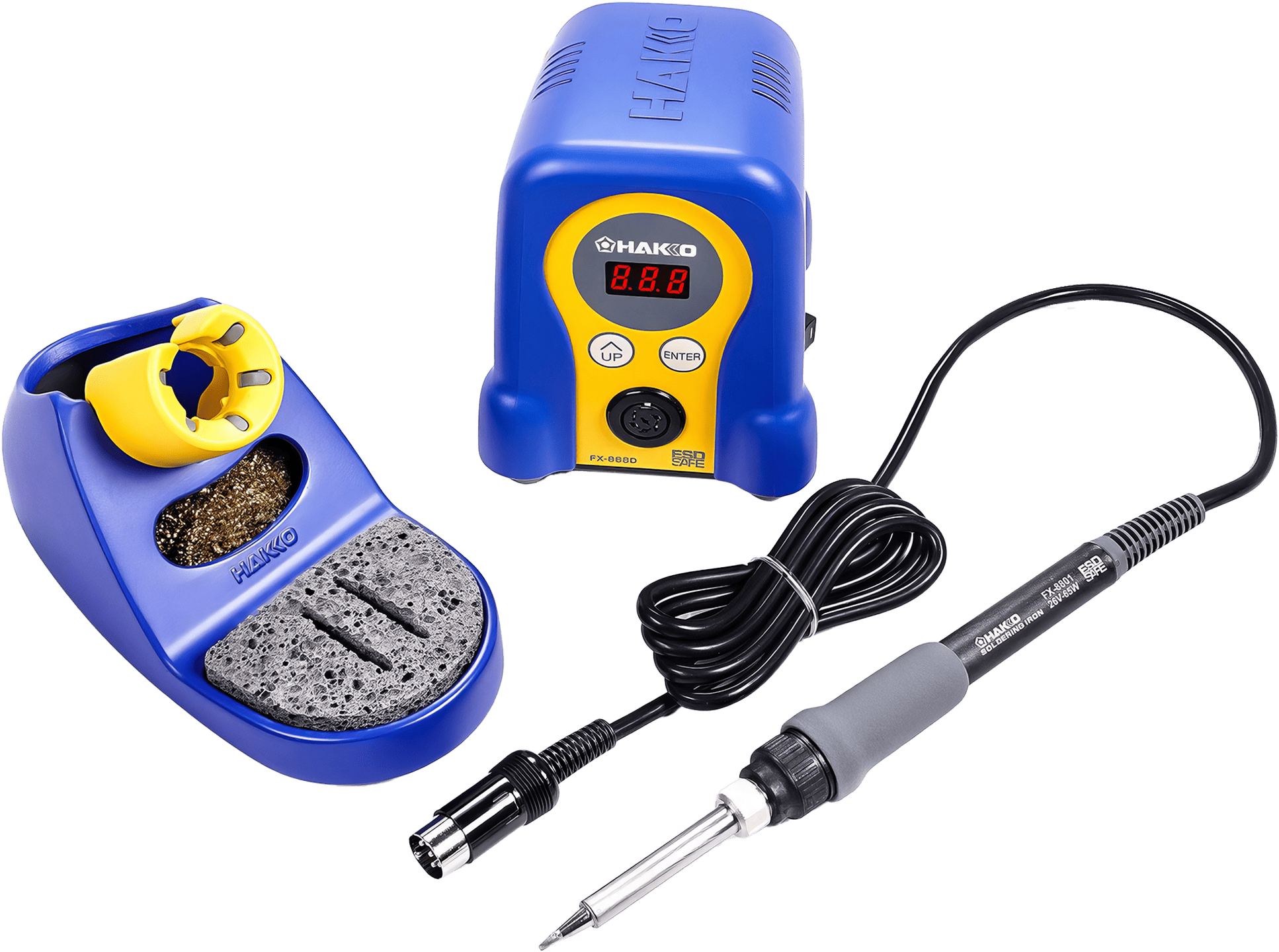 A sleek and compact Hakko FX-888D soldering station on a workbench, showcasing its ergonomic handpiece and adjustable display with various preset temperatures.
