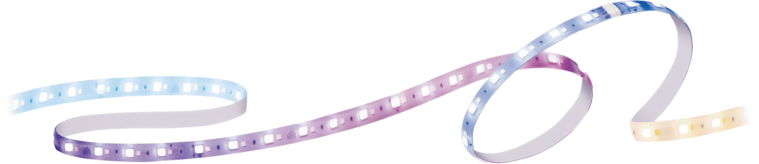 A picture showing the 6.6 ft (ca. 2 m) multicolour Kasa Smart Light Strip, with various colours illustrating its 16 distinct lighting zones, representing its ability to create a customized lighting experience.