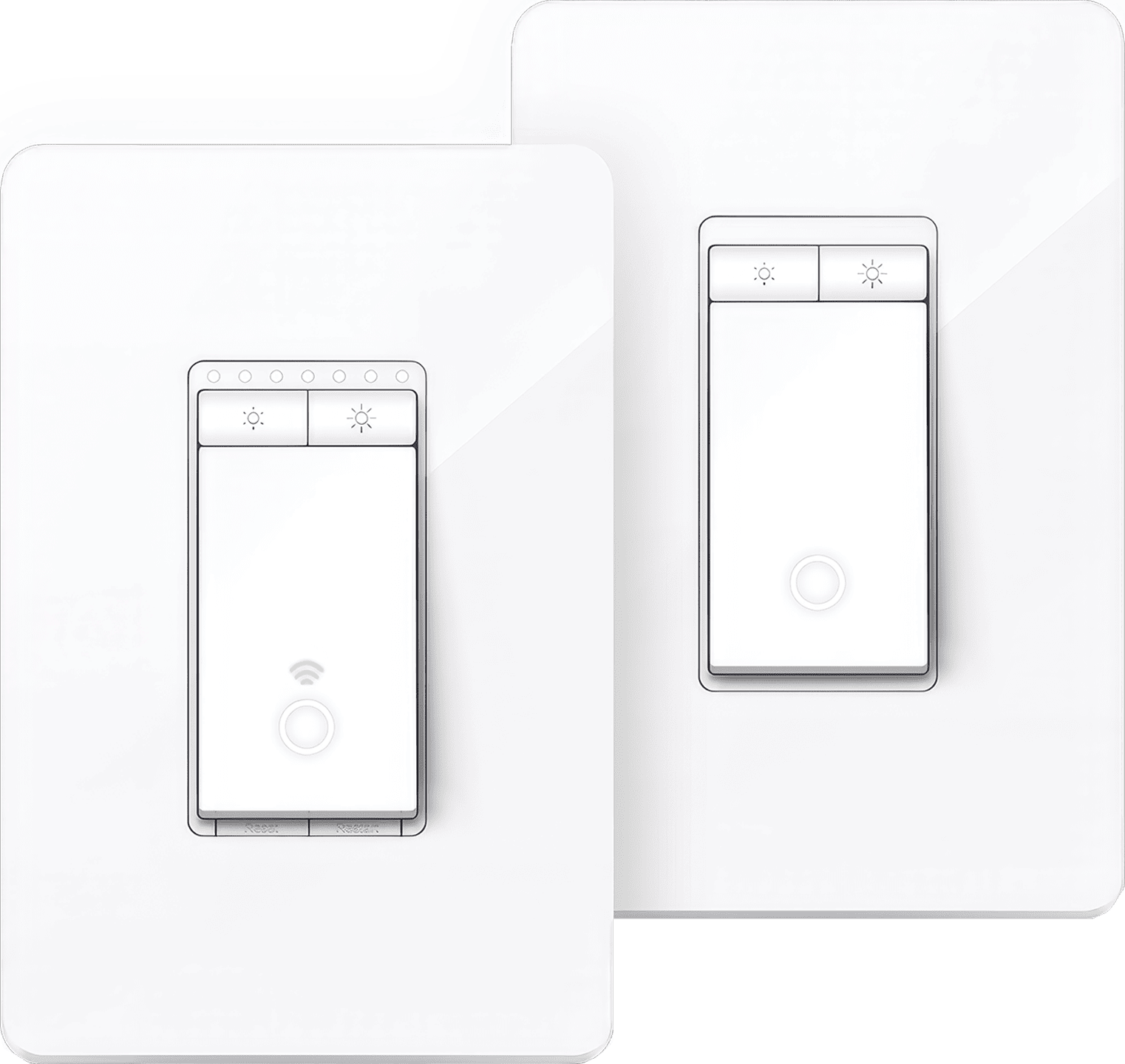 A picture of the Kasa Smart Wi-Fi Dimmer Switch 3-Way Kit KS230, a modern and sleek switch designed to replace traditional 3-way switches, offering remote control and scheduled lighting features compatible with smart home systems.