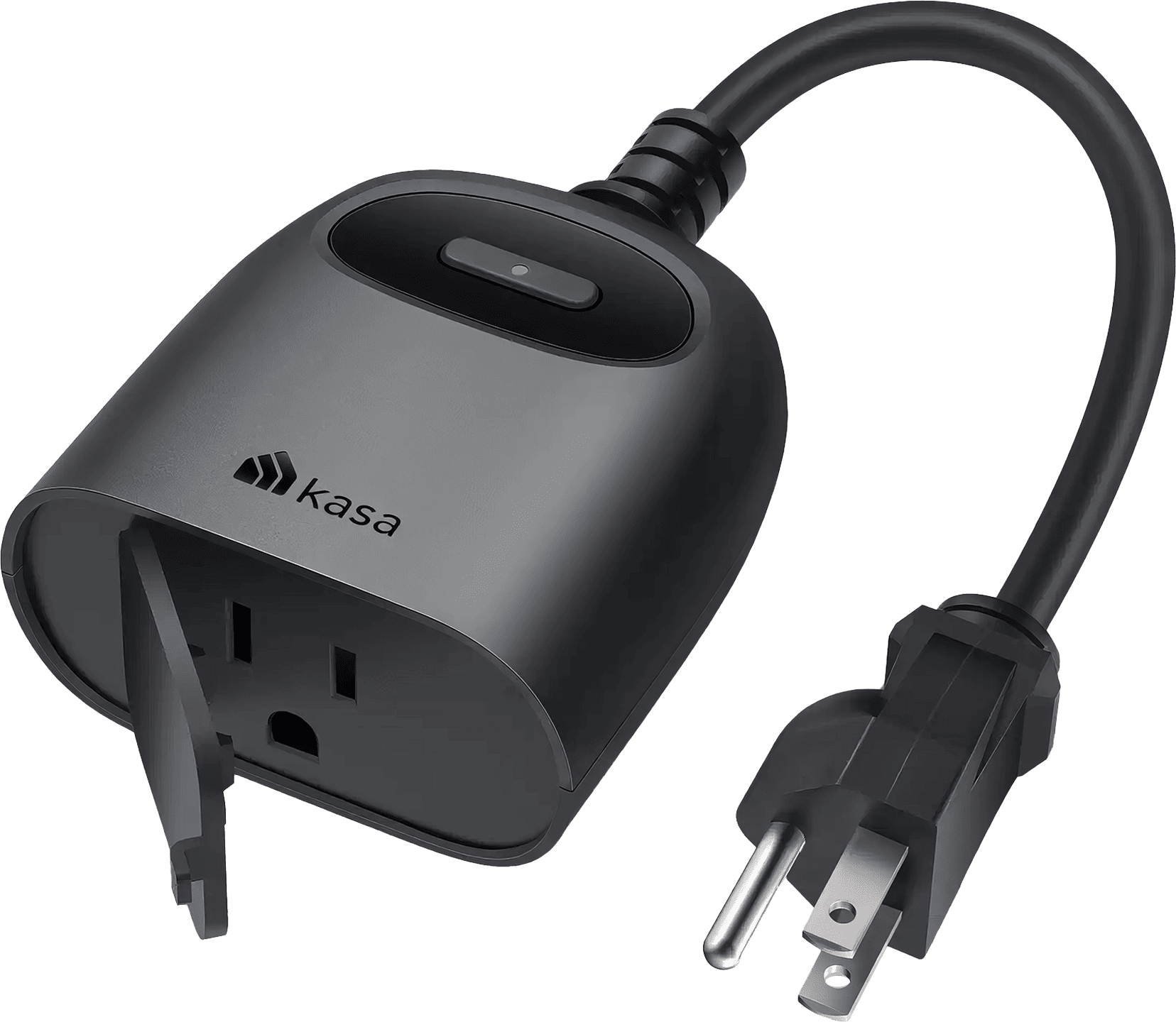 A Kasa Smart Wi-Fi Outdoor Plug-In Dimmer KP405, a compact, weather-resistant device designed to control outdoor lighting, with features for brightness adjustment and automatic on/off, compatible with Kasa Smart app and voice-controlled assistants.
