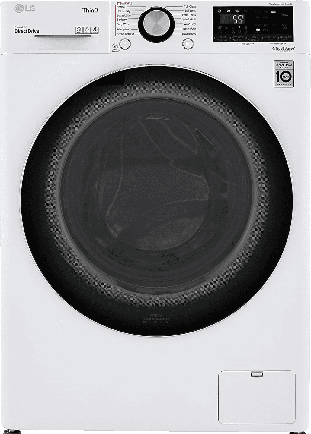 A sleek LG All-In-One Washer/Dryer Combo (WM3555HWA) featuring a scratch-resistant tempered glass door, chrome accents and a ventless design for easy installation in any space.