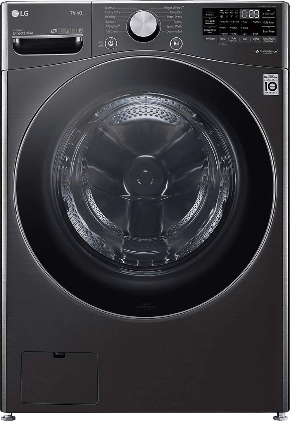 A stylish LG Ultra Large Capacity Front Load Washer (WM4000HBA) with a sleek design, offering efficient and allergy-friendly cleaning for various laundry loads.