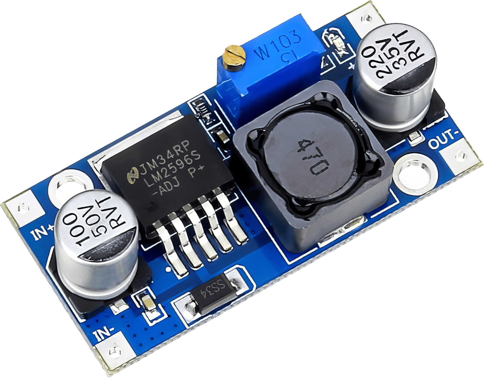 A compact LM2596 DC-DC Step Down Variable Volt Regulator, capable of converting input voltages between 3-40V to output voltages between 1.5-35V, with added safety features like short circuit and over-temperature protection.