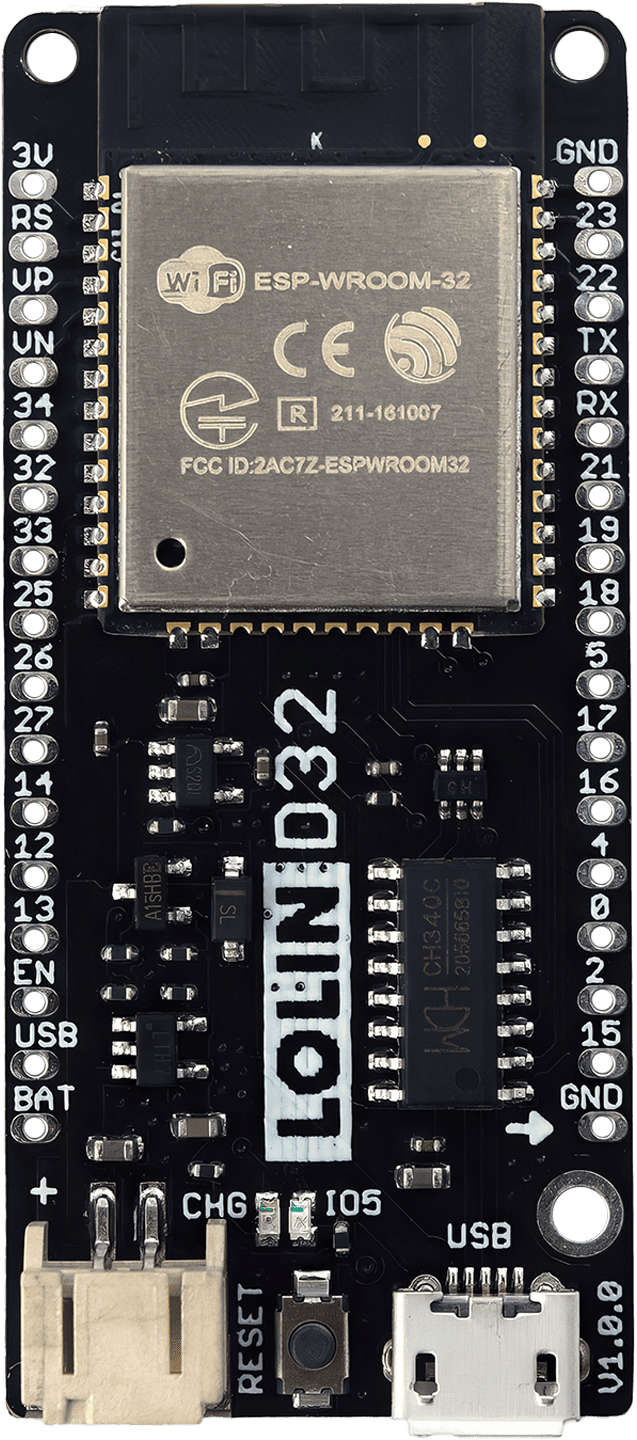 An image of the LOLIN D32 microcontroller board, showcasing its Espressif ESP32-WROOM-32 module, 4MB FLASH memory, and lithium battery interface.