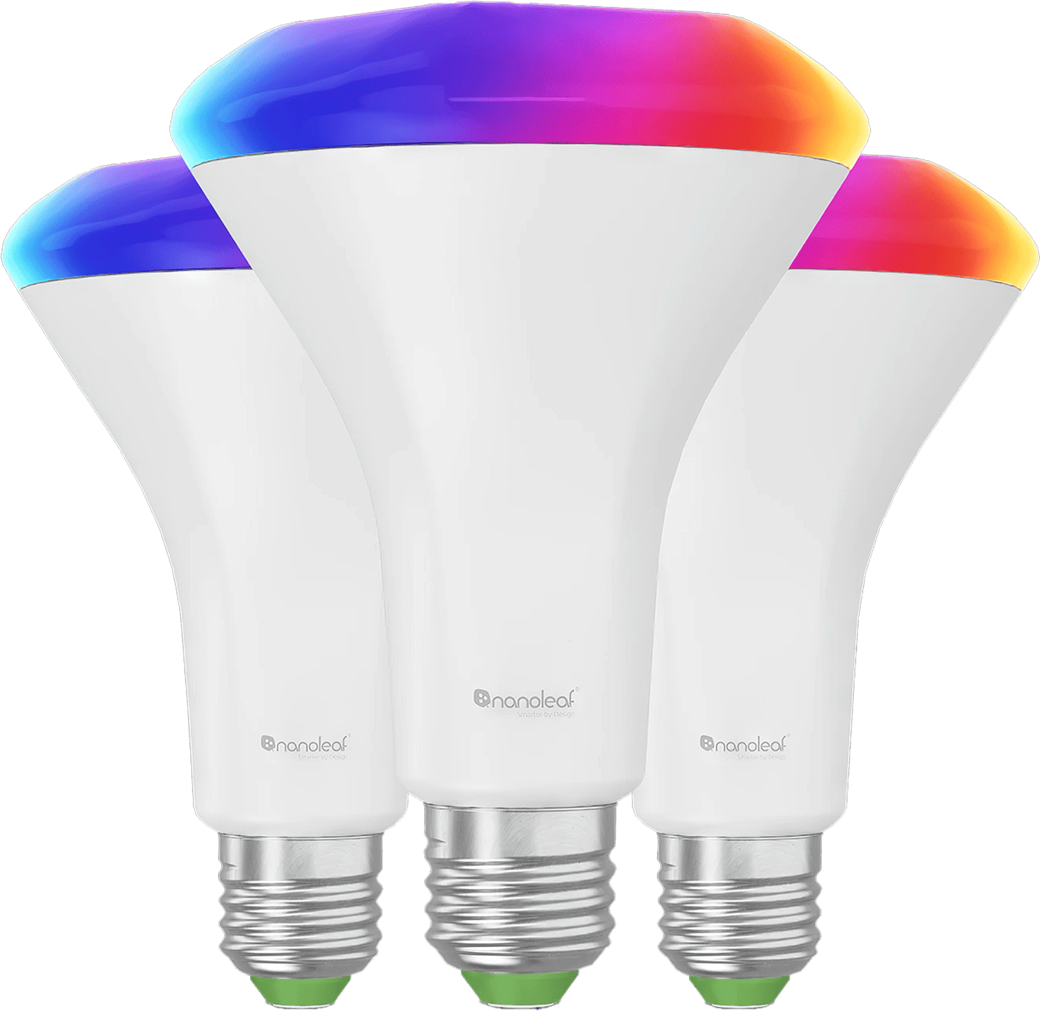 A Nanoleaf Matter BR30 Smart Bulb (60W) illuminating in various colours, offering seamless compatibility with smart home ecosystems, customisable lighting options and easy setup.