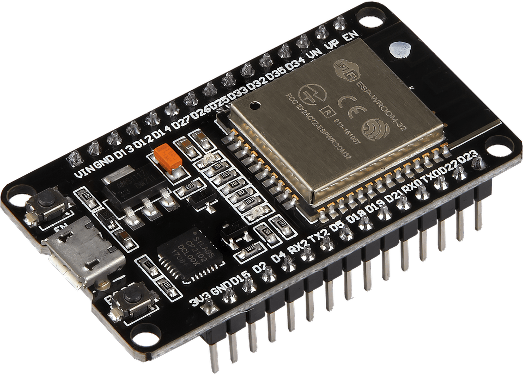 A close-up image of the NodeMCU ESP32 microcontroller module, showcasing its dual-core Tensilica Xtensa LX6 processor, Wi-Fi and Bluetooth capabilities, and 34 programmable GPIOs for versatile applications.