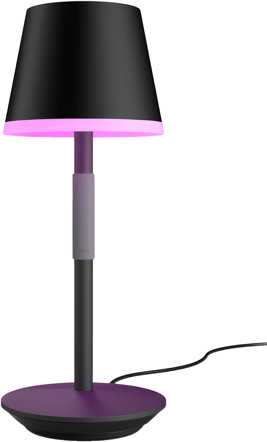 The Philips Hue Go portable table lamp is a versatile, smart light suitable for both indoor and outdoor use, featuring a silicone grip, an IP54 rating for dust and water protection, and an on-product control button.