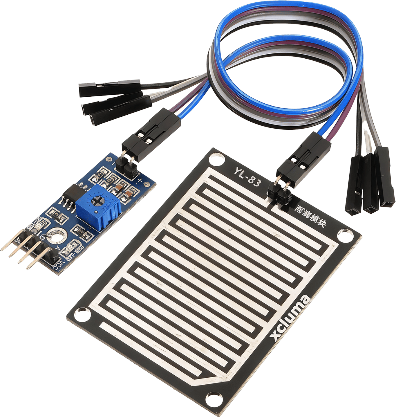 A reliable Raindrop Sensor with a large nickel-plated surface, made from high-quality FR-04 double-sided materials, and an adjustable separate control board for easy wiring and sensitivity modification.
