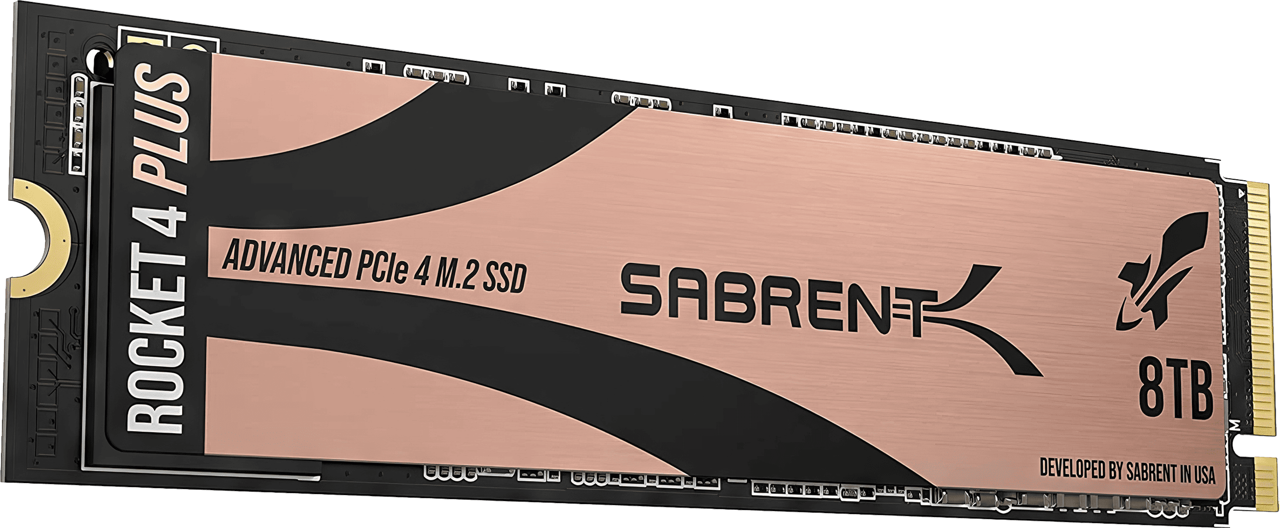 A close-up image of the Sabrent Rocket 4 Plus 8 TB solid-state drive, showcasing its NVMe M.2 connector and sleek design.