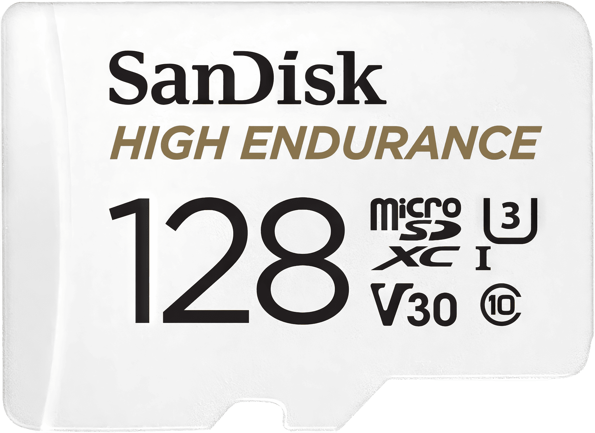 A high-quality image of the SanDisk 128GB High Endurance microSDXC card, designed for resilience in harsh conditions and long-lasting use in dash cams and home monitoring systems.