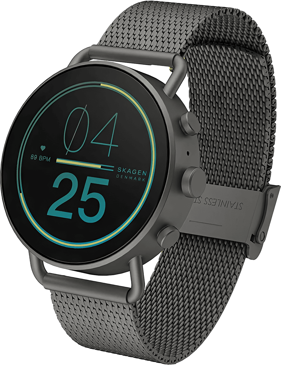 A stylish Skagen Gen 6 smartwatch, displaying its bright and colourful Always-On screen, showcasing its advanced features for tracking health, fitness, and offering seamless connectivity.