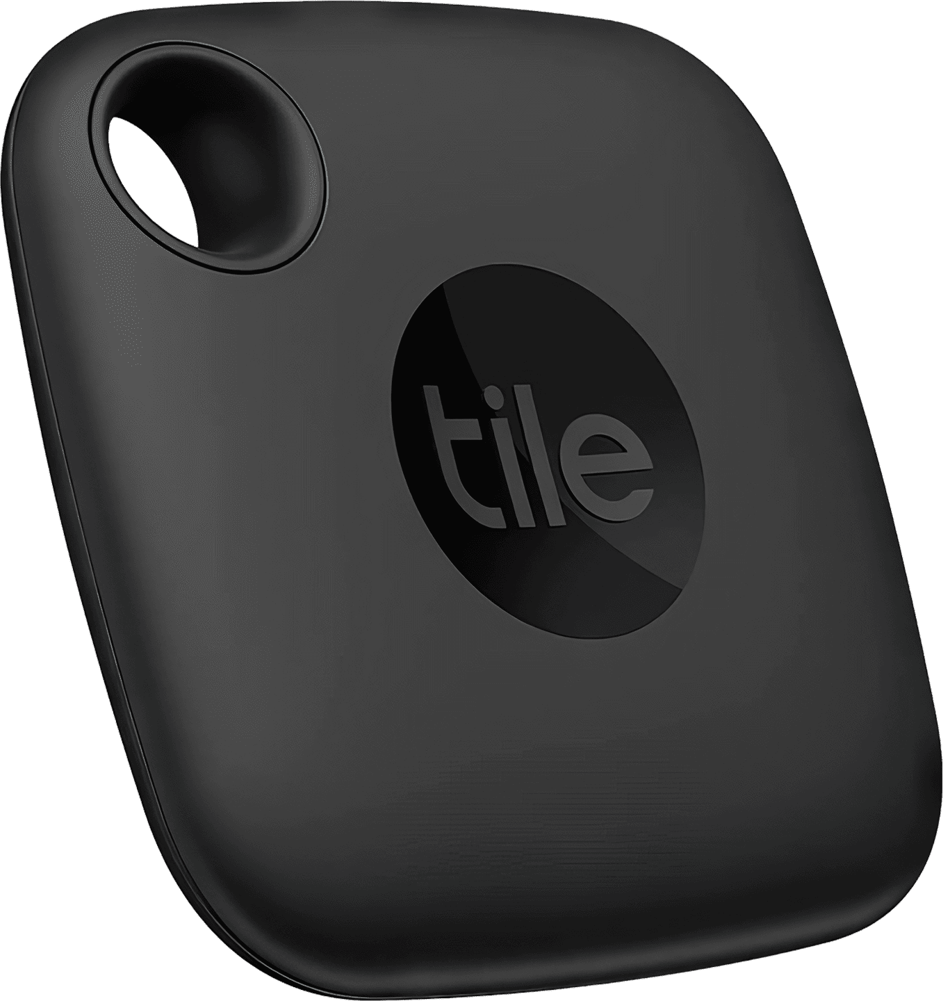 A small, square Tile Mate tracking device attached to a keyring, designed to help users locate their belongings using Bluetooth technology and a free app.