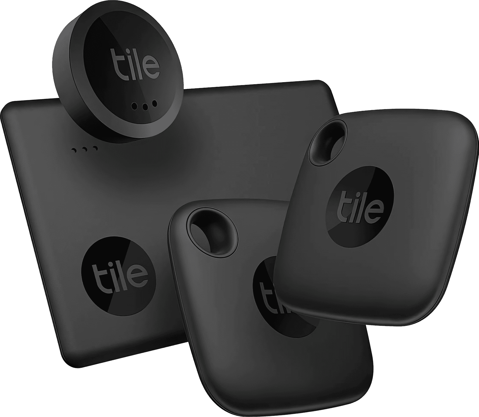 A neatly arranged Tile Mate Essentials 4-Pack, featuring four compact and versatile Tiles designed to help you keep track of your important belongings like keys, wallets, and remotes, using the user-friendly Tile app for easy tracking within and outside Bluetooth range.