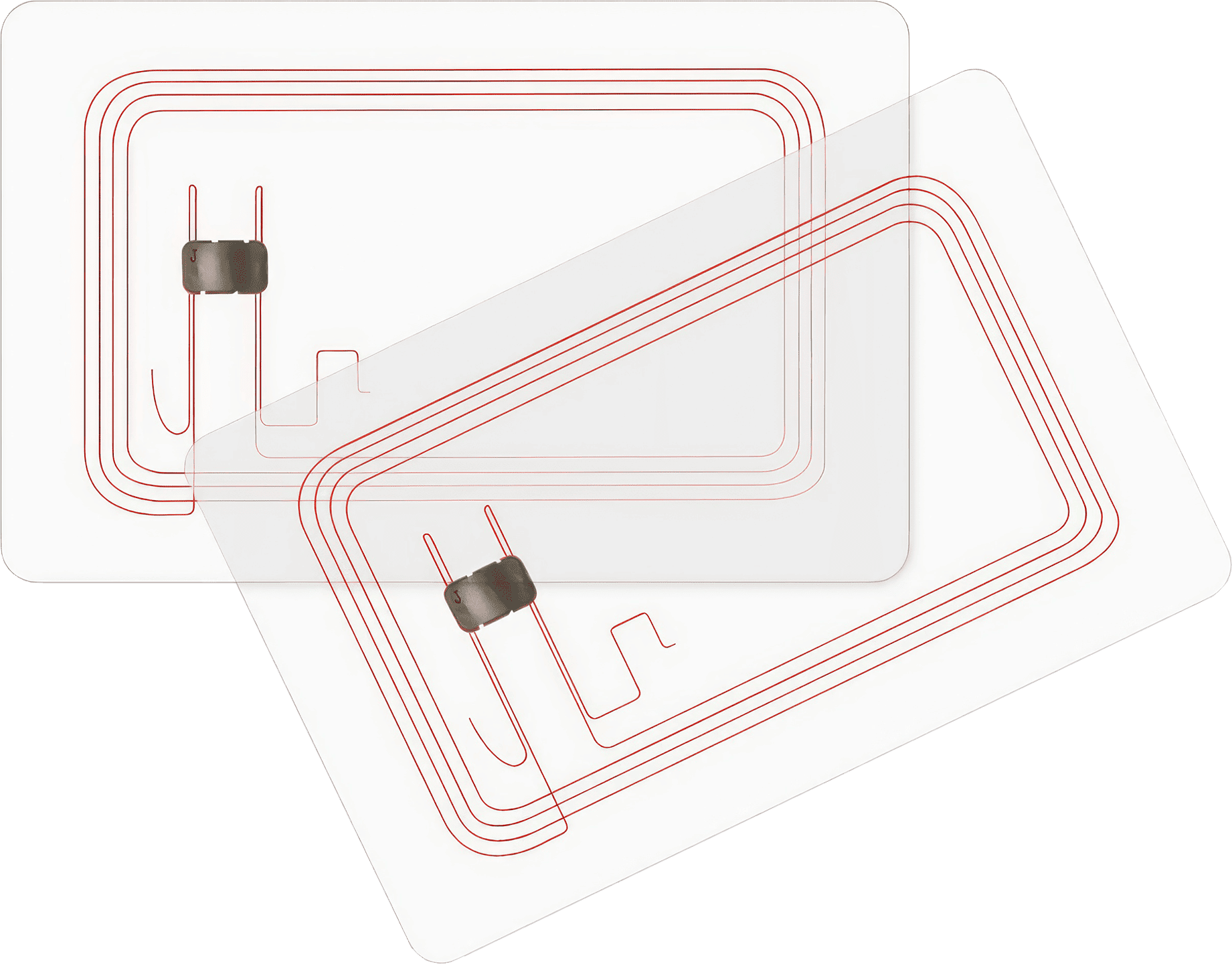 A close-up view of a transparent NFC card showcasing its unique internal coils and chip structure, designed for secure data storage and versatile use with NFC-enabled devices.