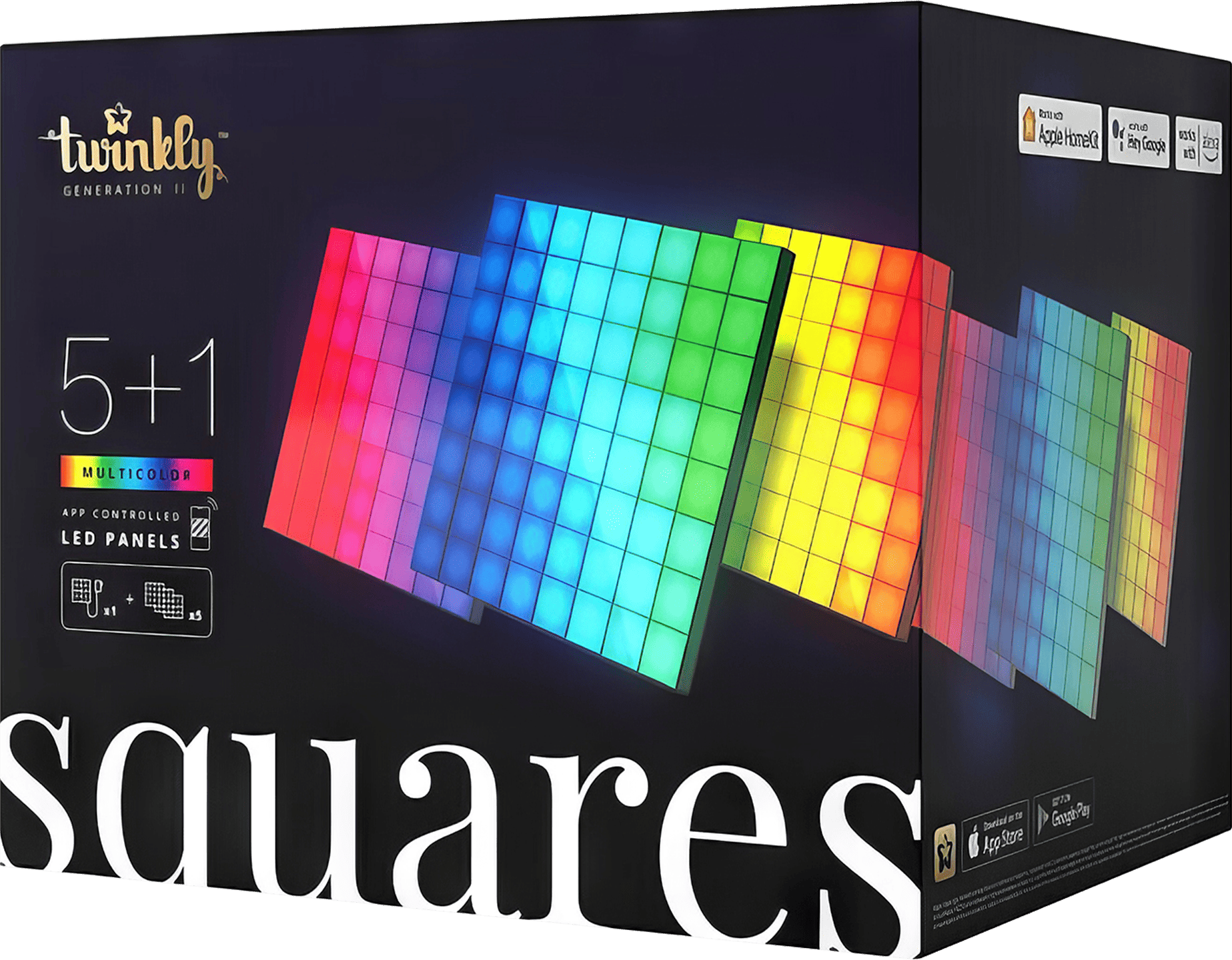 A collection of sleek Twinkly Squares LED wall panels, showcasing a vibrant and colourful pixel art display, perfect for personalising and enhancing your indoor spaces.