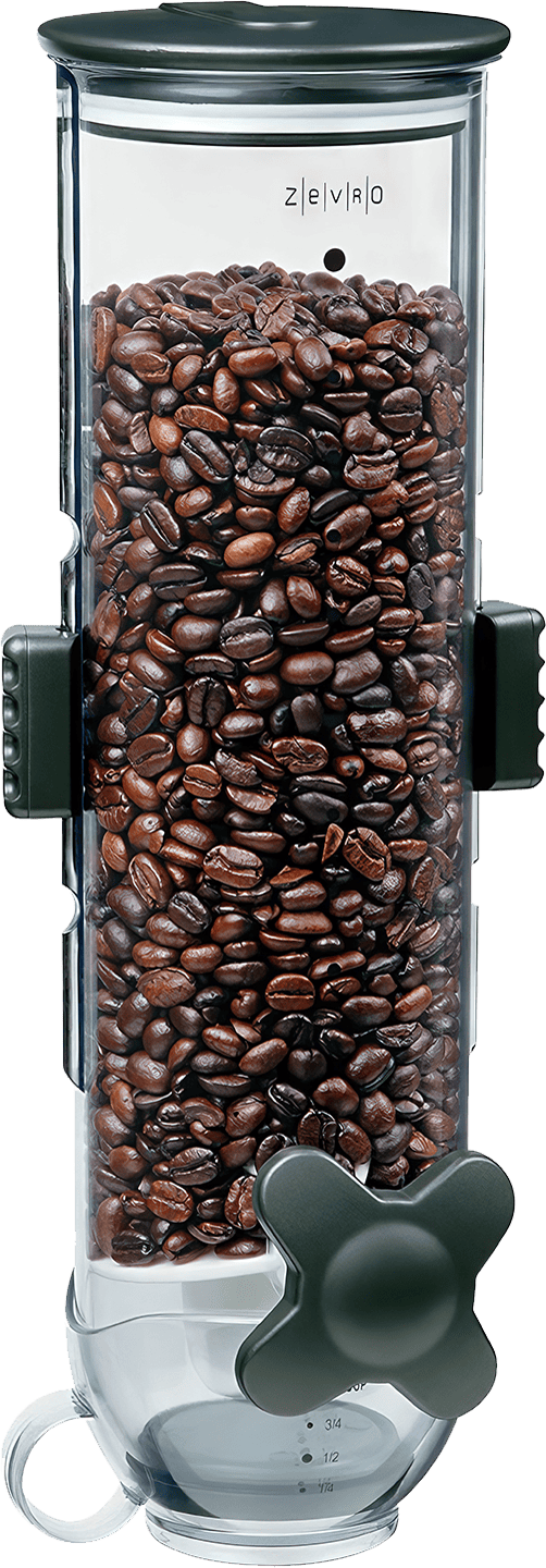 A sleek wall-mounted dry-food dispenser with a transparent canister, stainless-steel brackets, and a convenient portion control knob, perfect for keeping your kitchen organized and your dry food fresh.