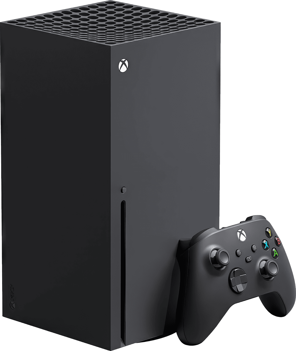 A sleek, black Xbox Series X console standing vertically, showcasing its advanced features and compatibility with four generations of Xbox games, offering enhanced graphics and immersive audio for an unparalleled gaming experience.