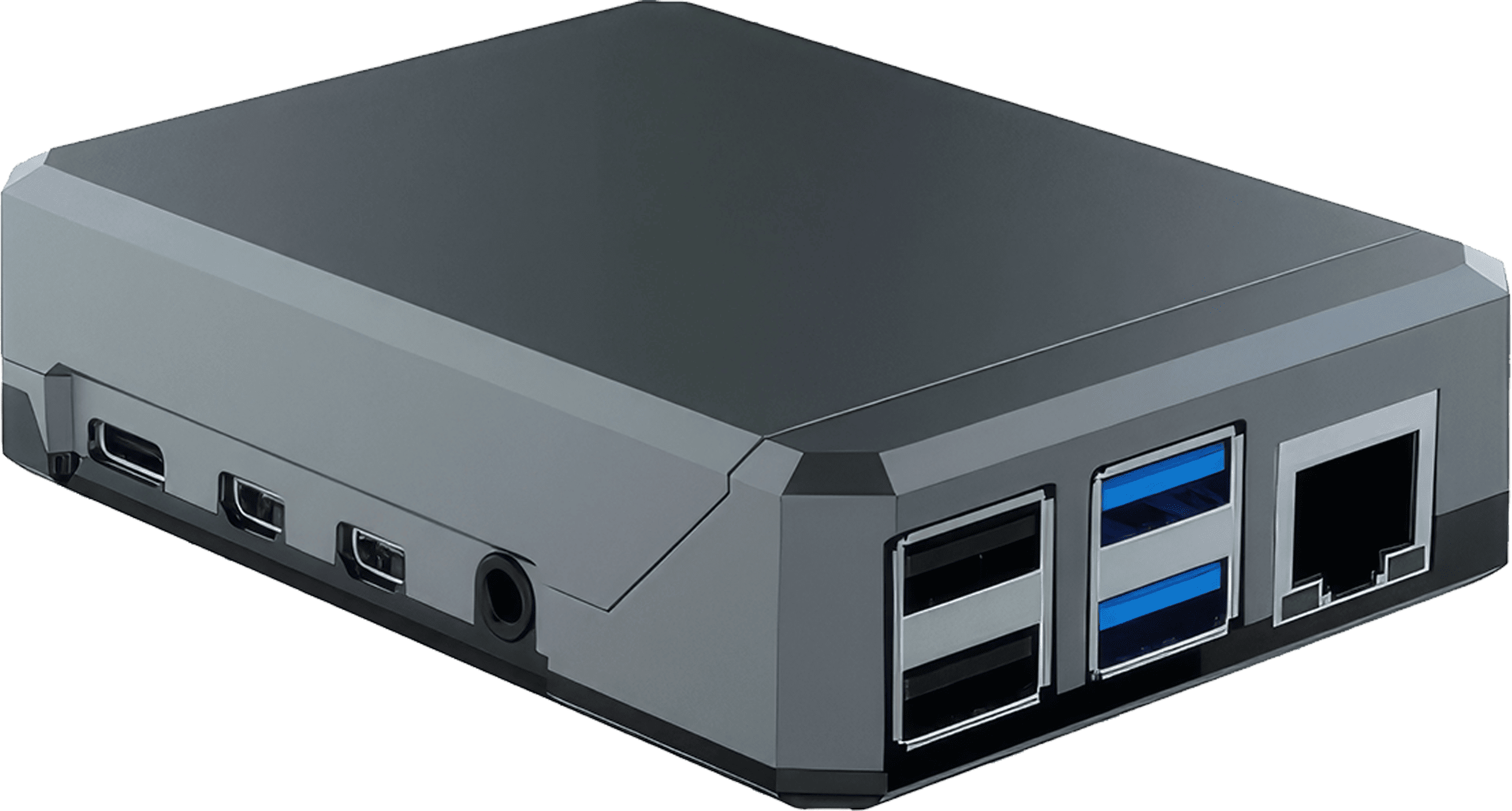 Photo of Argon NEO Case with Fan HAT and Power Supply, a compact cooling solution for Raspberry Pi 4, featuring access points for essential components.