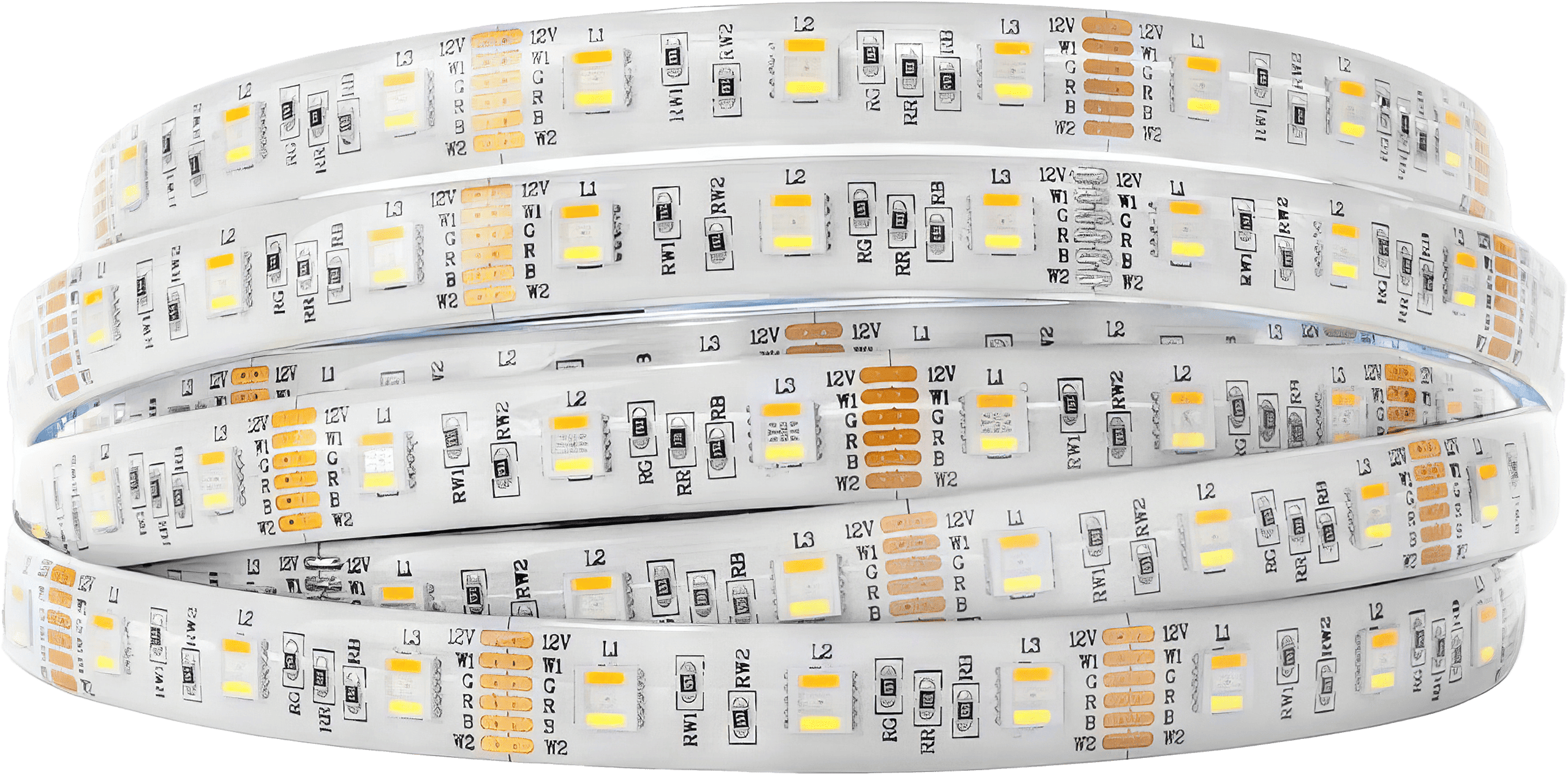 A BTF-LIGHTING 5-in-1 RGBCCT LED Strip, showcasing its ability to produce vivid colours and pure white light, ideal for versatile lighting applications.