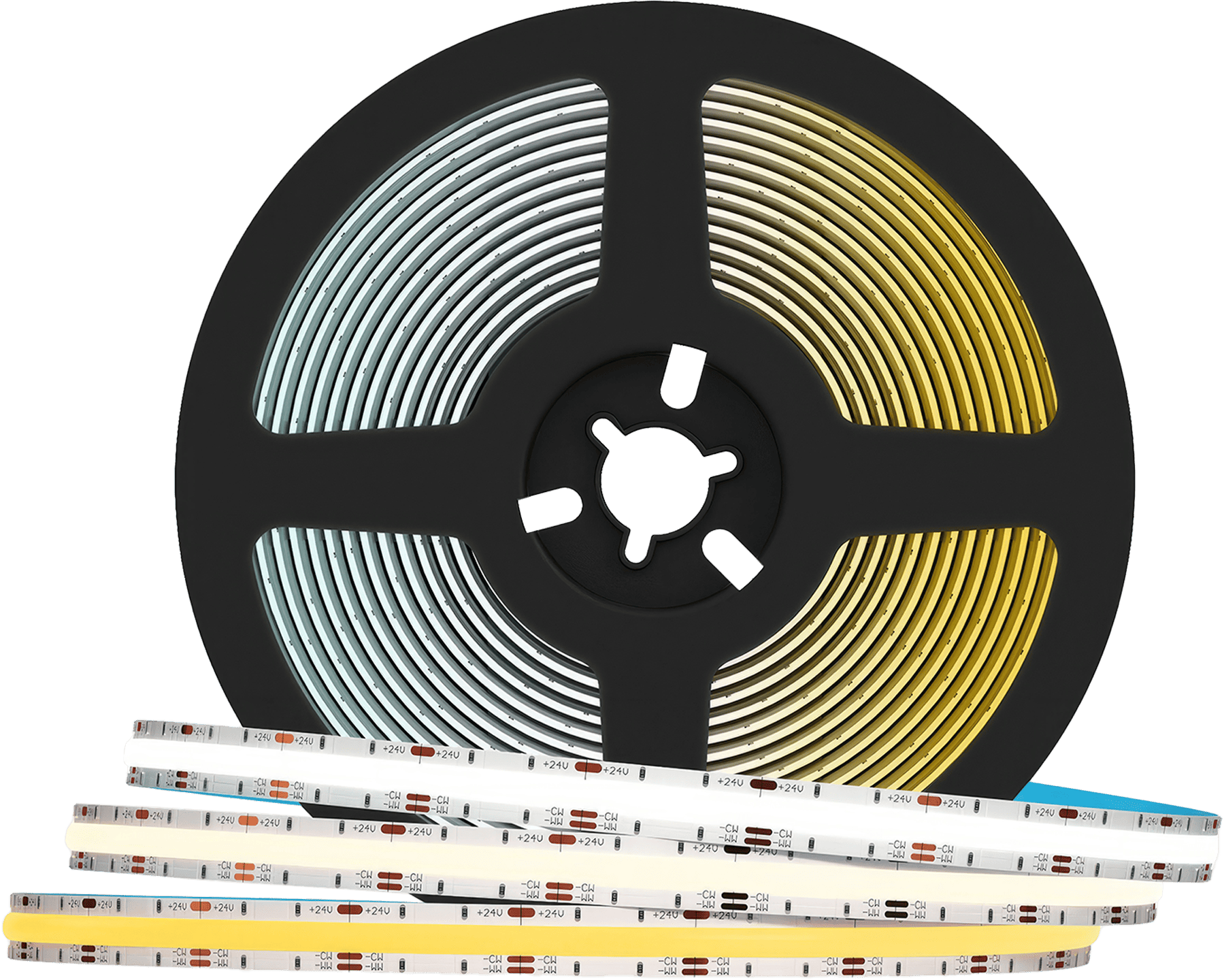 Image of the BTF-LIGHTING Flexible COB CCT LED Strip, showcasing its flexibility and high-density chip design.