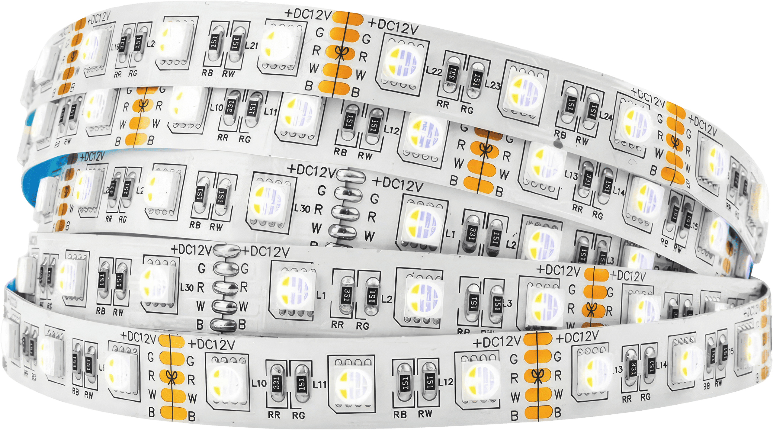 Image of the BTF-LIGHTING RGBW 4-in-1 LED strip, showcasing its multiple colours and protective sleeve.