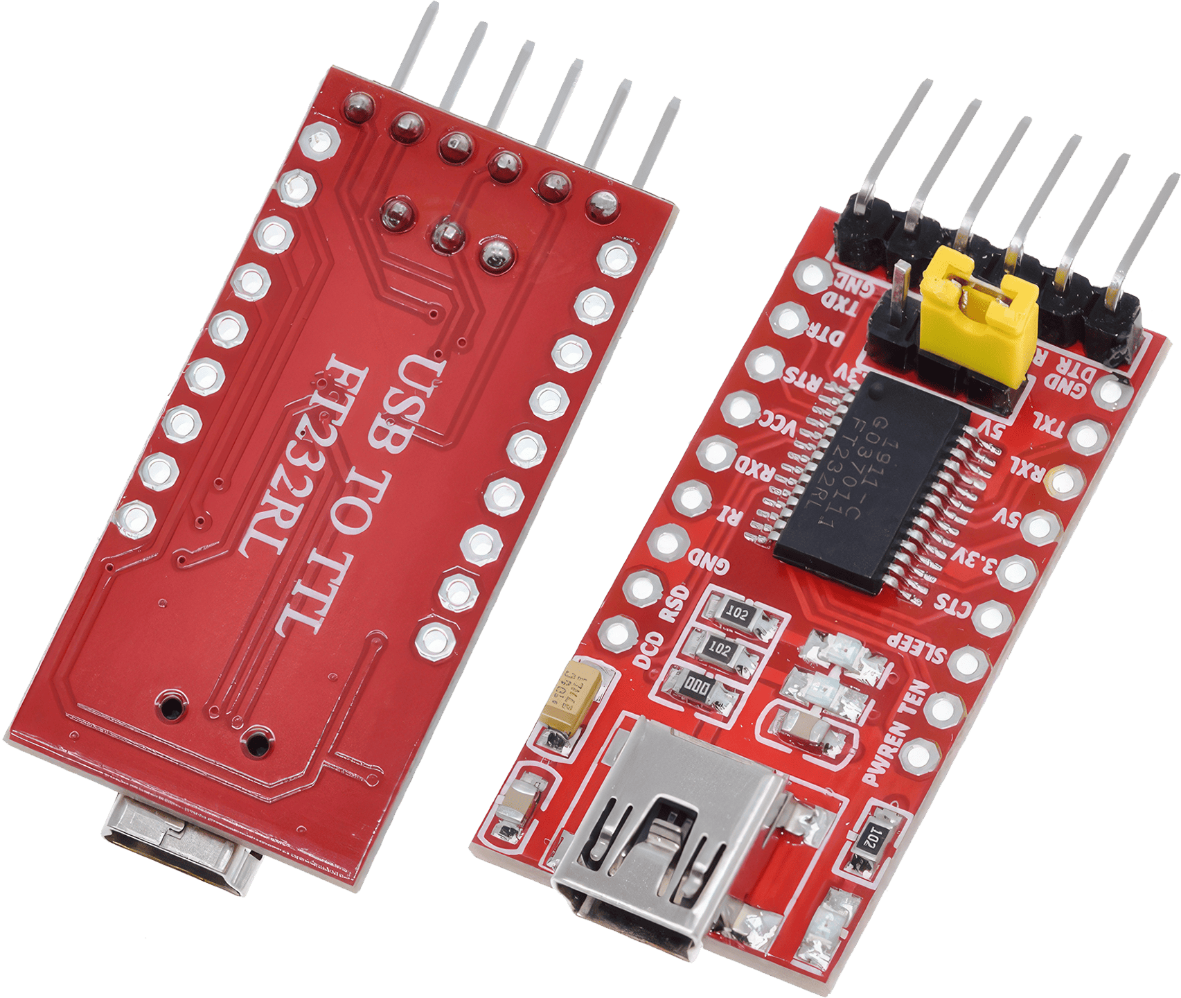 A picture of the FT232RL USB FTDI Mini USB to TTL Serial Converter Adapter Module; a small, green circuit board with a USB input on one end and a set of pin connectors on the other.