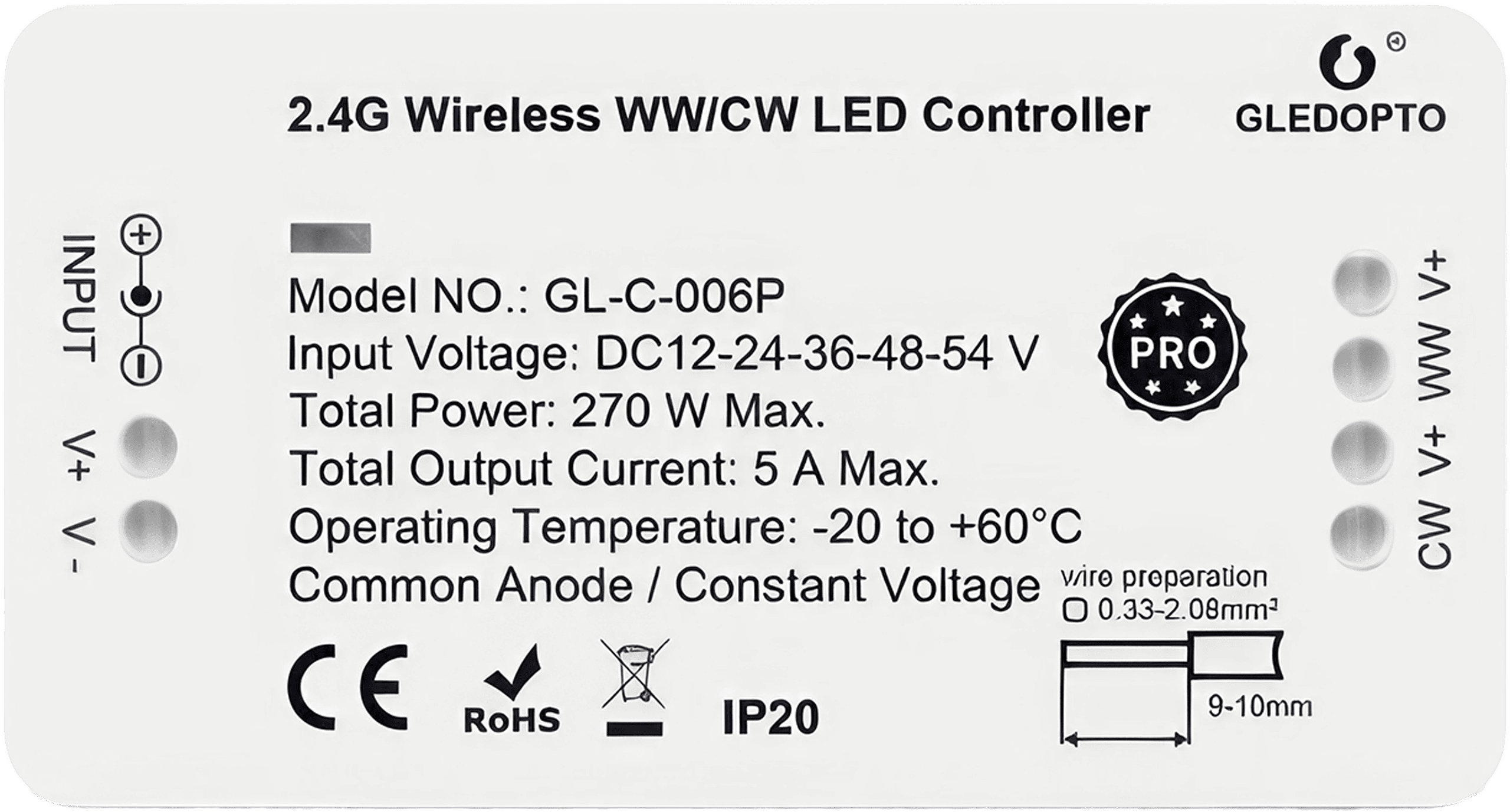 Image showing the compact, black Gledopto CCT LED Controller Pro Series (GL-C-006P), featuring multiple control buttons and connectors for versatile light adjustment.