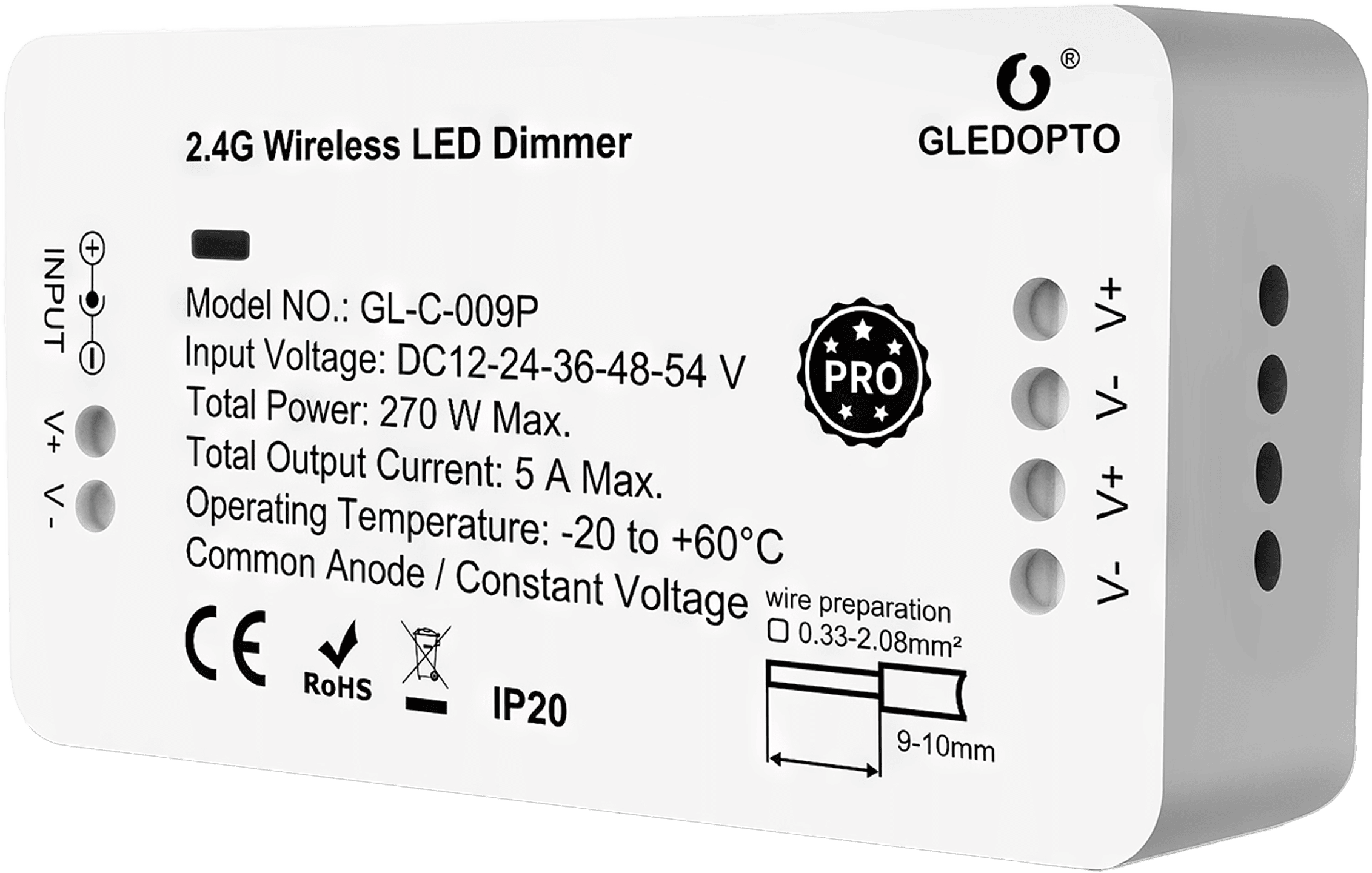 Image of the Gledopto RGB+CCT LED Controller Pro Series (GL-C-009P), a compact device featuring multiple connection ports, displaying its innovative design and versatility.