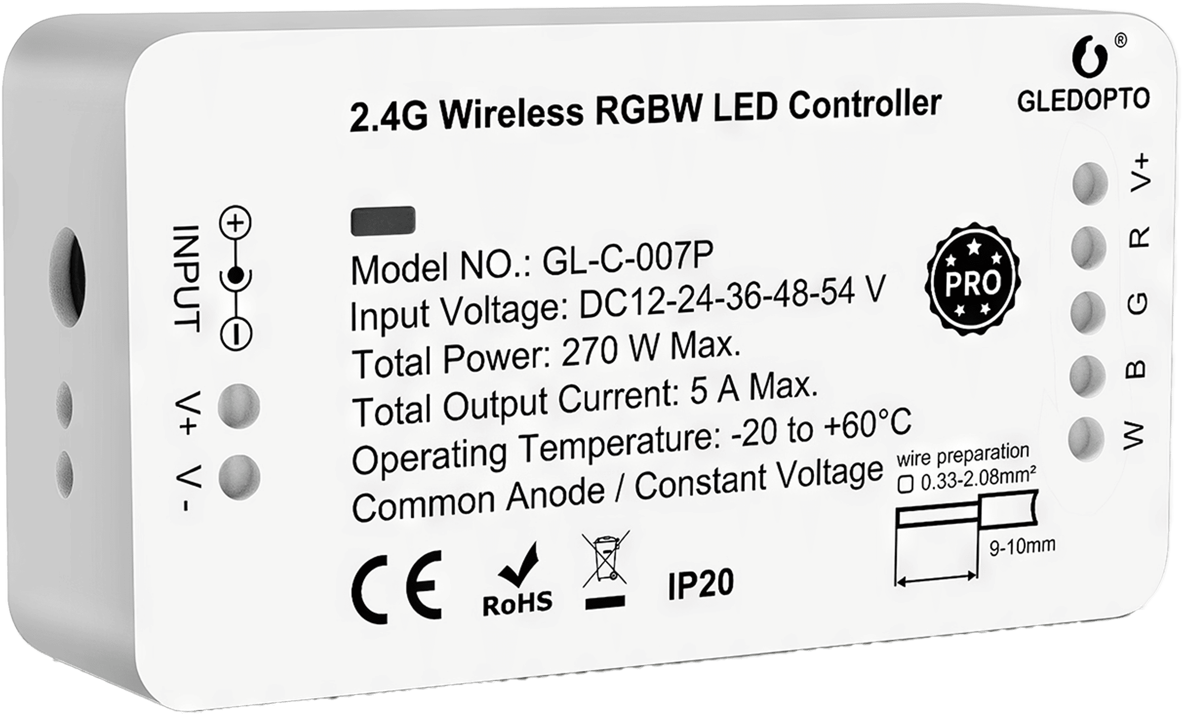 A compact and modern Gledopto RGBW LED Controller Pro Series (GL-C-007P), designed to manage a wide spectrum of colours for LED light strips, offering the capability to control one white hue.