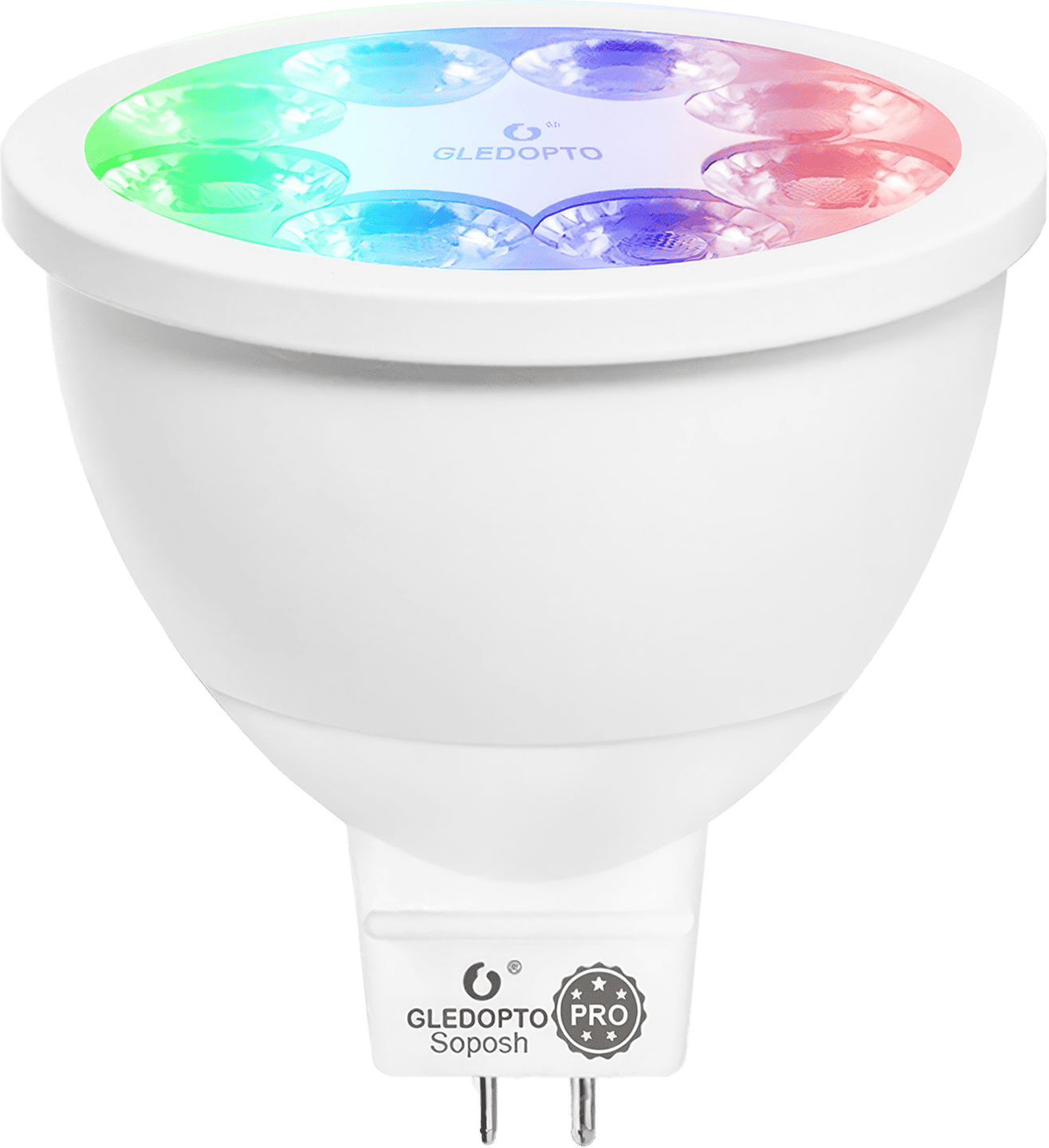 Image displaying the Gledopto Spotlight Pro, a modern lighting device which provides a range of 16 million colours and uses Zigbee 3.0 protocol for enhanced connection.