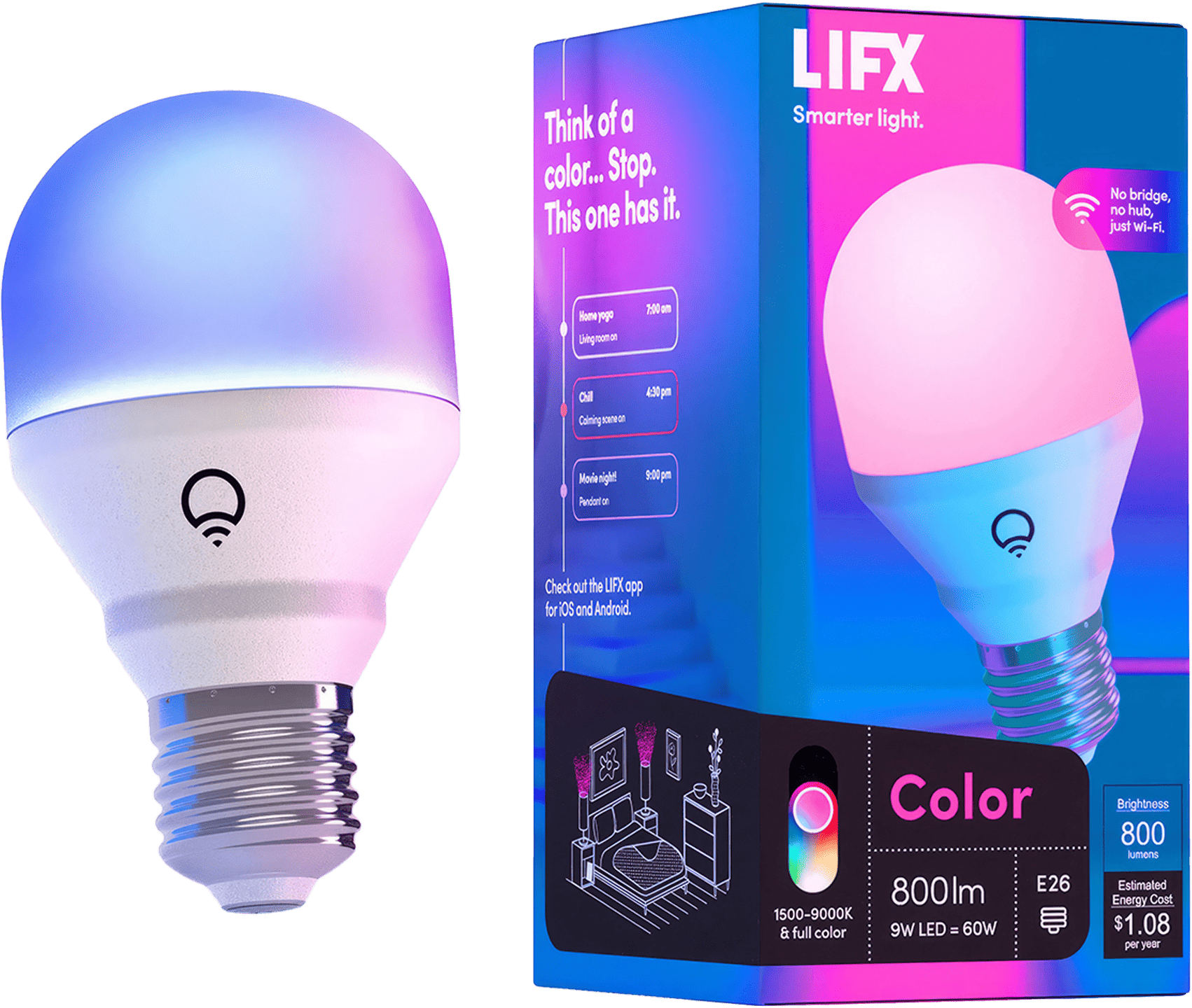 A close-up image of the LIFX Color (A19, 800 lumens), a Wi-Fi-enabled smart bulb offering a wide range of colours and compatible with voice controls.