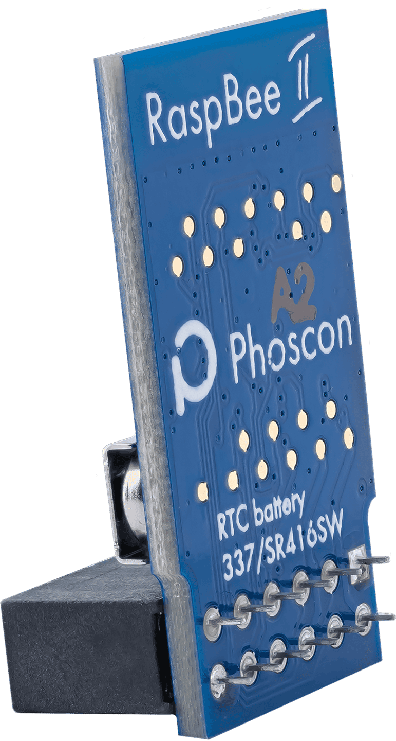 An image of Phoscon RaspBee II, a small electronic device used as a universal Raspberry Pi Zigbee gateway for integrating various Zigbee products.