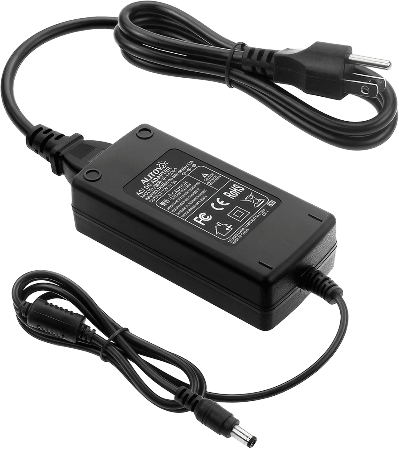 An image of the Power Supply (12V/5A) showcasing its sleek design, with its output adaptor jack and female DC connector clearly visible. This device ensures voltage consistency and is equipped with multiple safety features for optimal electronic product protection.