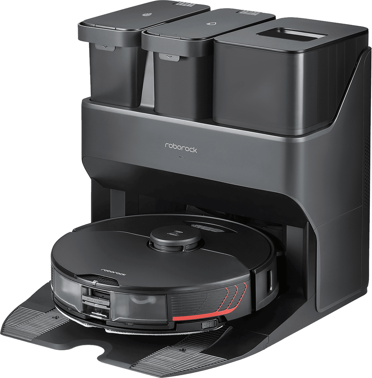 The Roborock S7 MaxV Ultra, a modern and advanced robotic vacuum and mop system with a sleek white design, shown next to its self-cleaning Empty Wash Fill Dock.