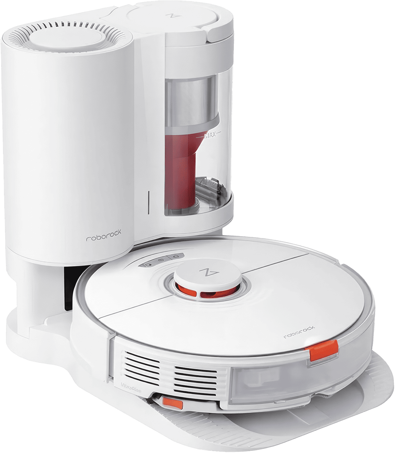 A high-tech roborock S7+ robot vacuum cleaner that features a self-emptying dock, sonic floor mopping, and intelligent carpet detection, placed in a clean, modern living room.