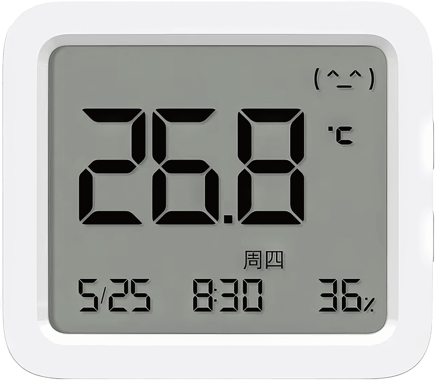 A rectangular Xiaomi Mijia Bluetooth Thermometer 3 with a digital LCD screen displaying temperature, humidity, time, date, and week, and two buttons on the side.
