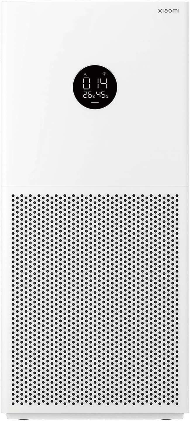 Compact Xiaomi Smart Air Purifier 4 Lite, with a base area smaller than an A4 paper, designed for efficient dust, pollen and odour filtration in a 25-43m² area.