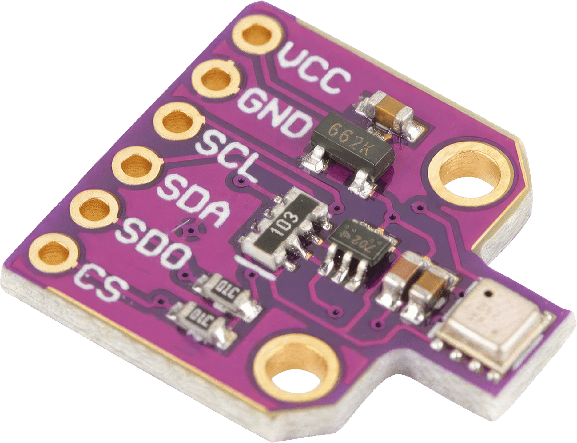 A detailed image of the BME680 Sensor Breakout Board, showcasing its various components and connections for environmental monitoring.