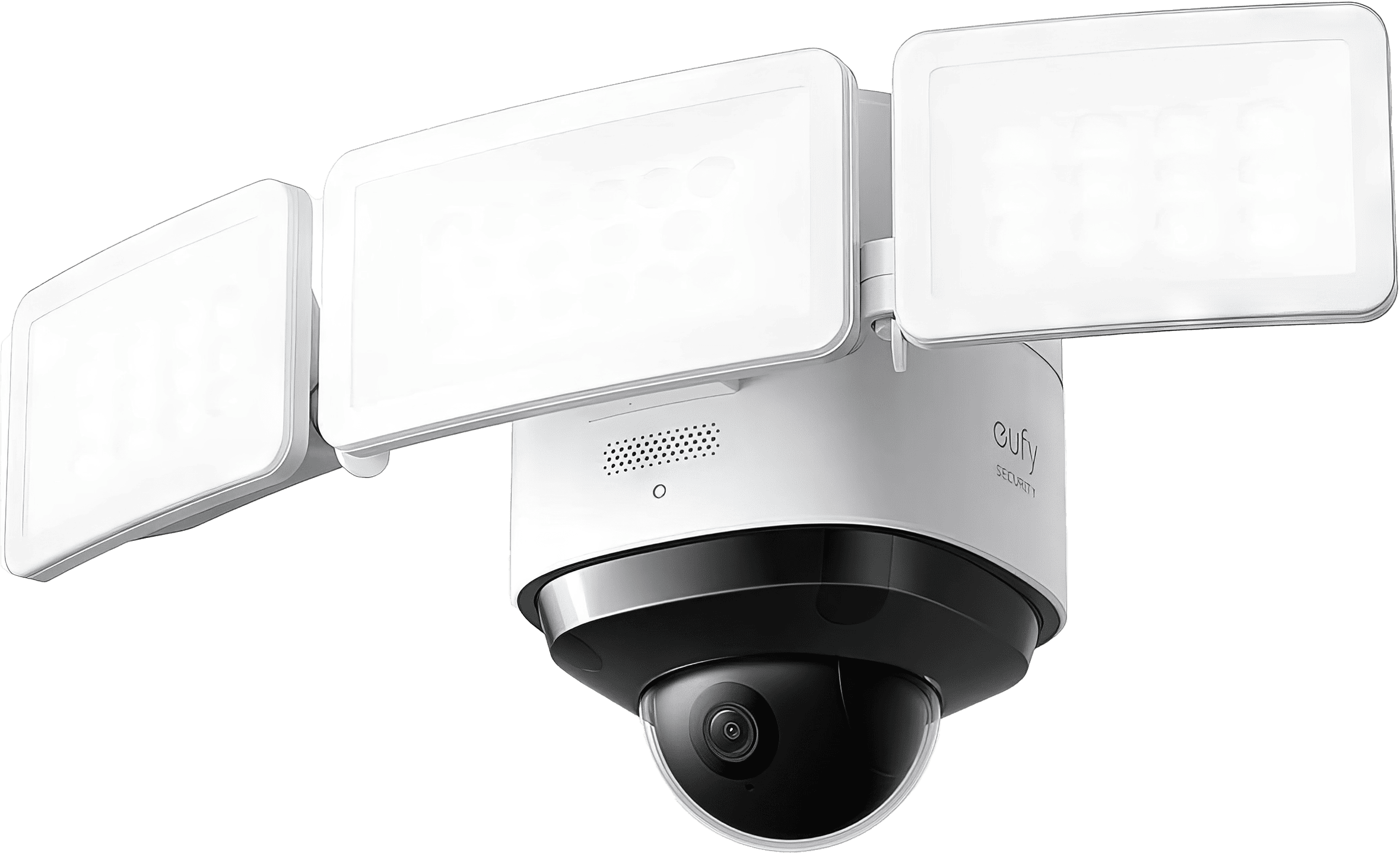High-resolution image of the eufy Security Floodlight Cam S330, a sophisticated security device with a 360° rotating lens, motion-activated floodlights, and AI recognition.