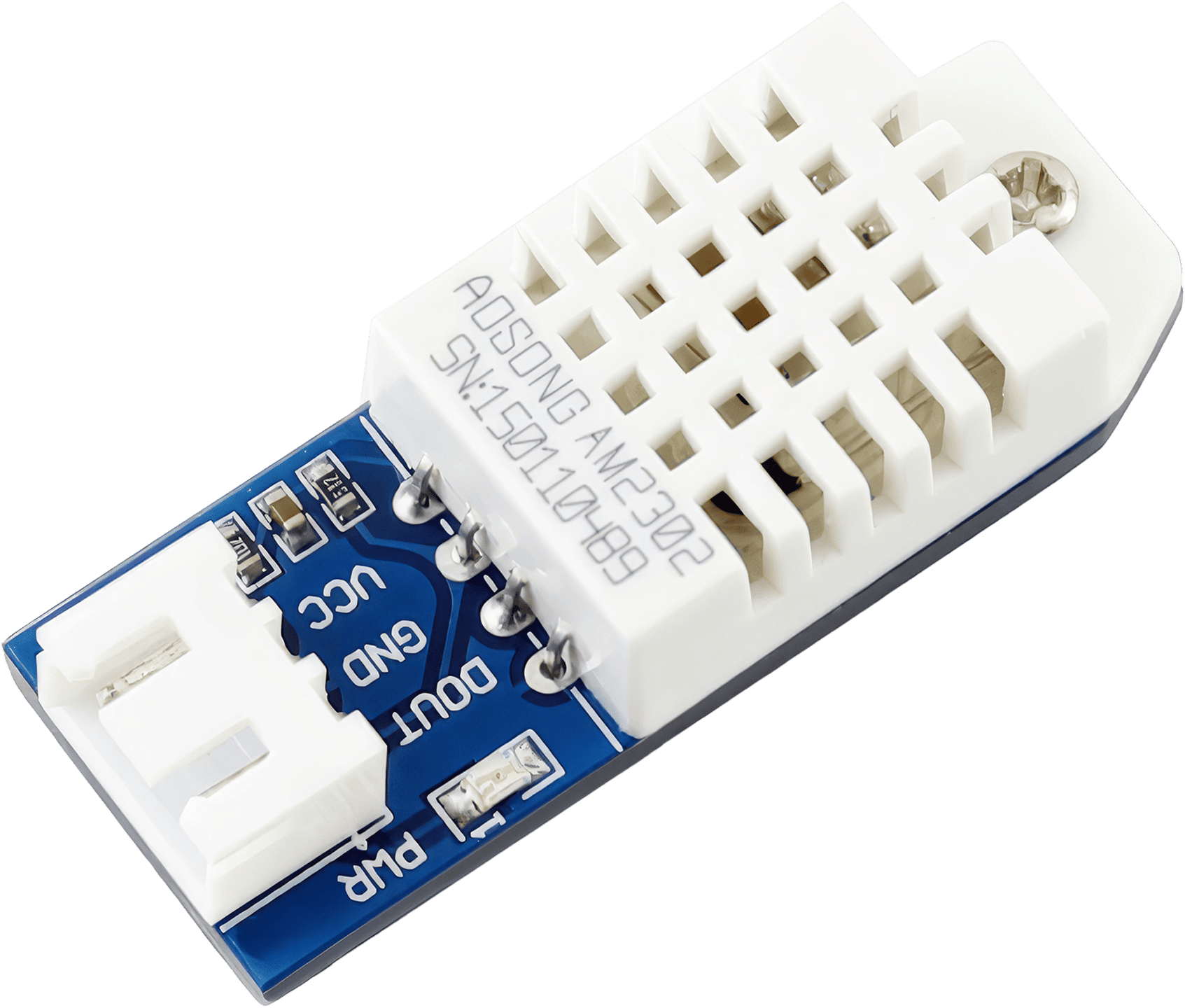 A small, rectangular Guangzhou Aosong Electronic DHT11 sensor, designed for low-cost, accurate readings of humidity and temperature.